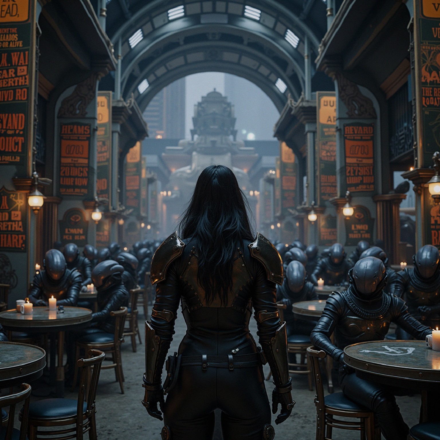 Futuristic Gathering Hall with Robotic Beings and Armor