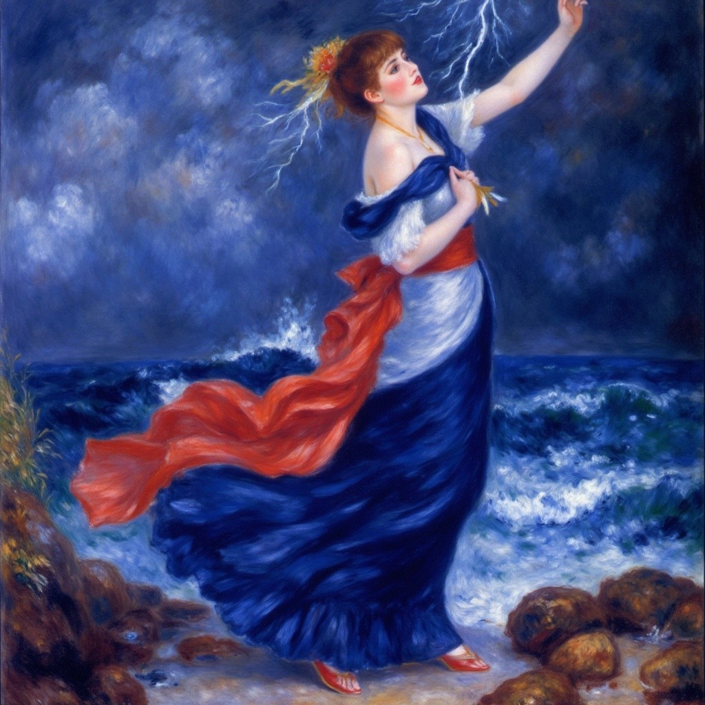 Woman on Rocky Shore with Stormy Sky and Sea