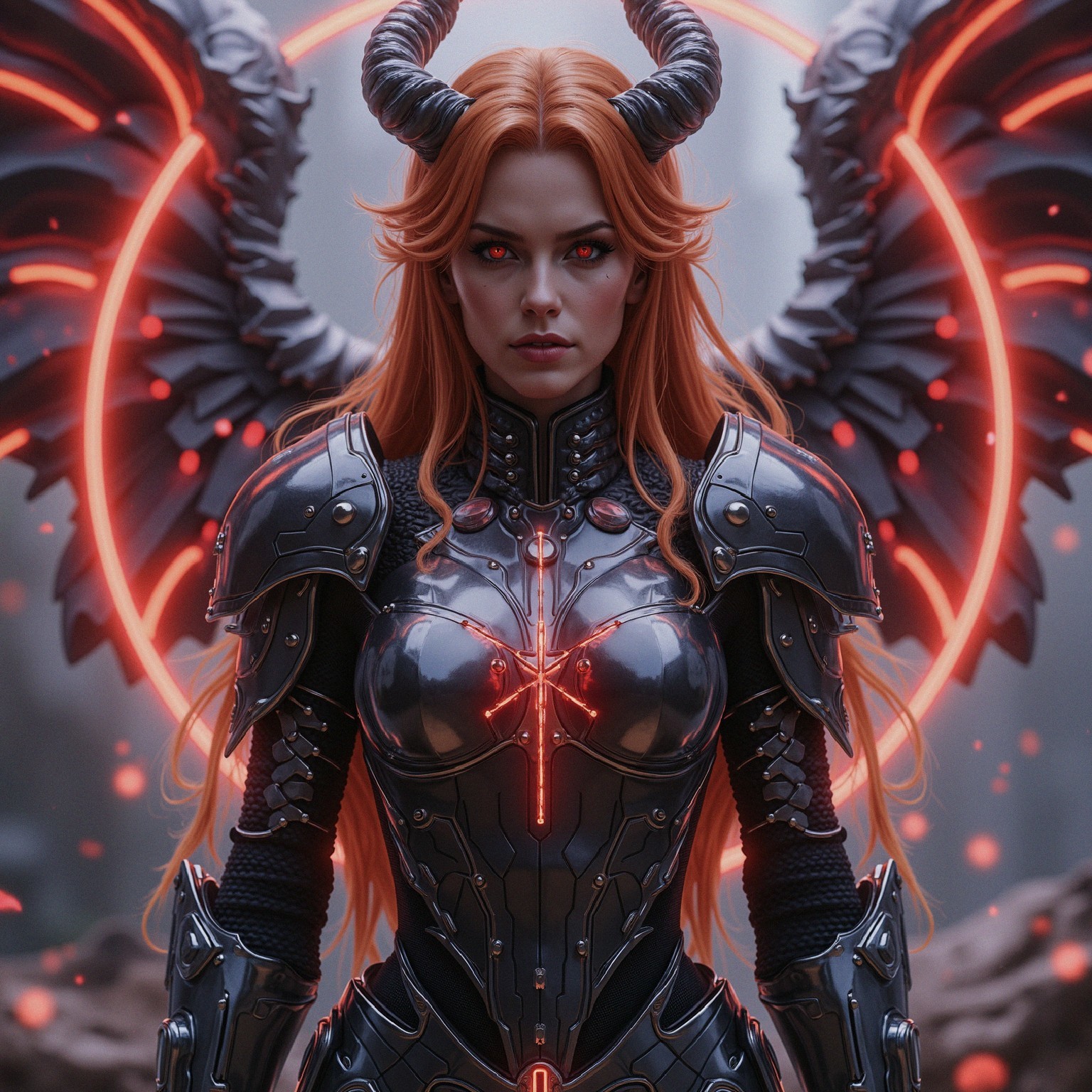 Fierce warrior in dark armor with majestic wings