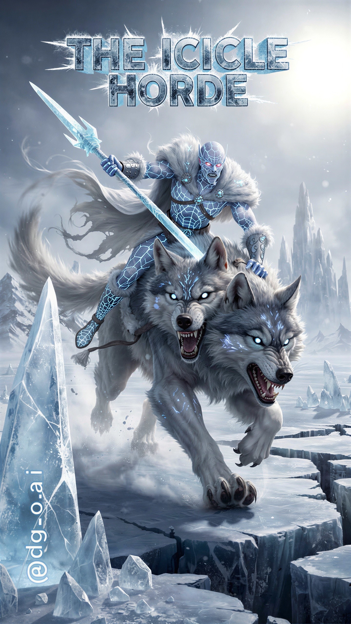 Male figure with blue skin on two-headed white wolf