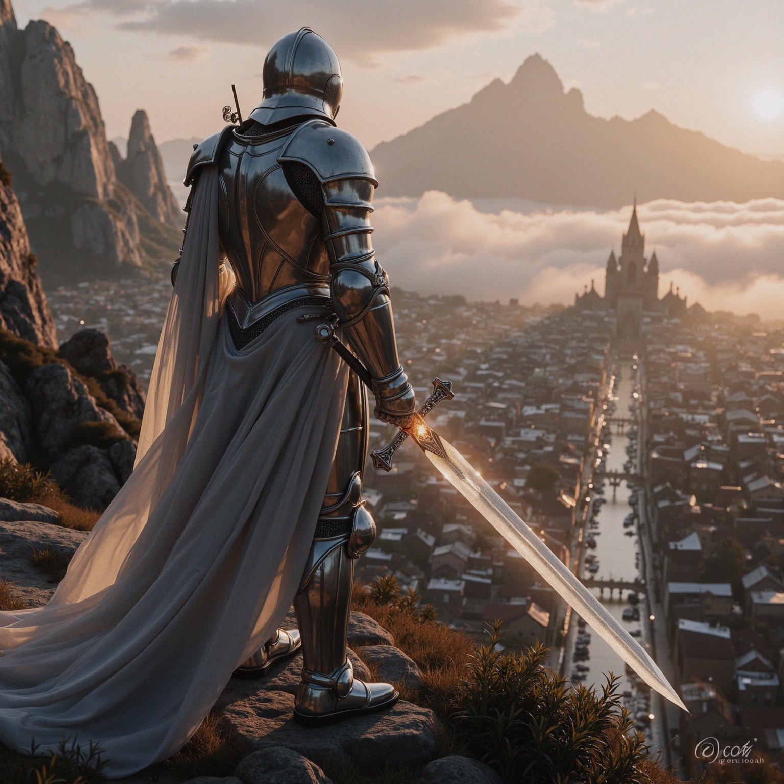 Knight in Armor Overlooking Misty Valley at Dawn