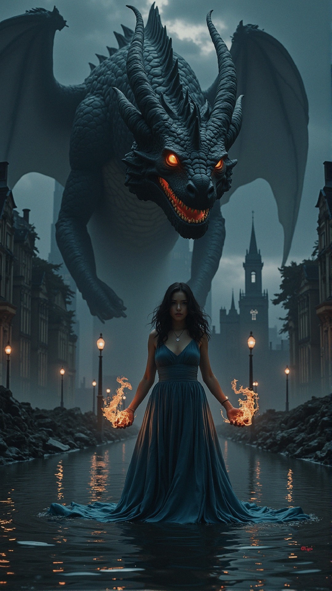 Woman in Blue Dress with Dragon in Dark Setting