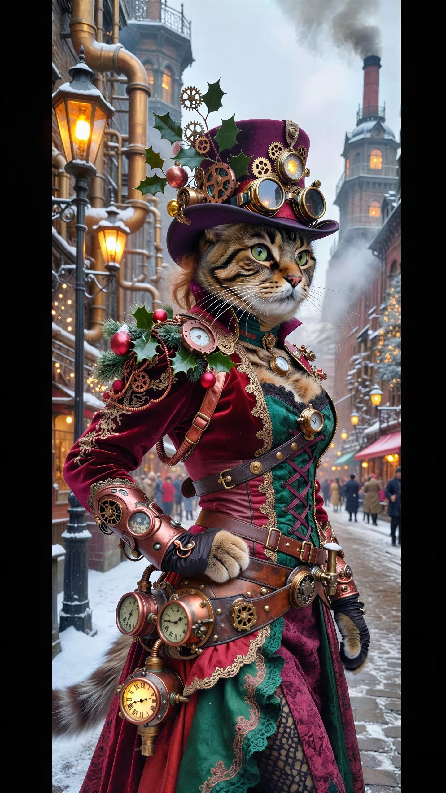 Steampunk Cat-Woman in Snowy Street Setting