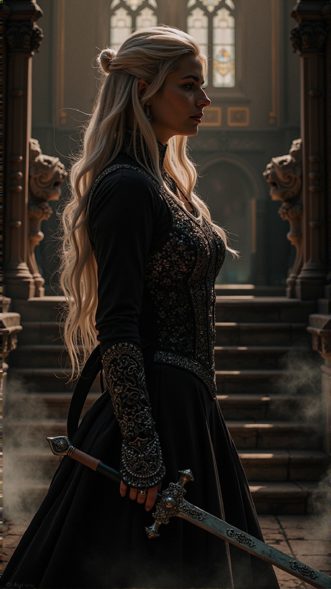 Regal figure in ornate architecture with a sword