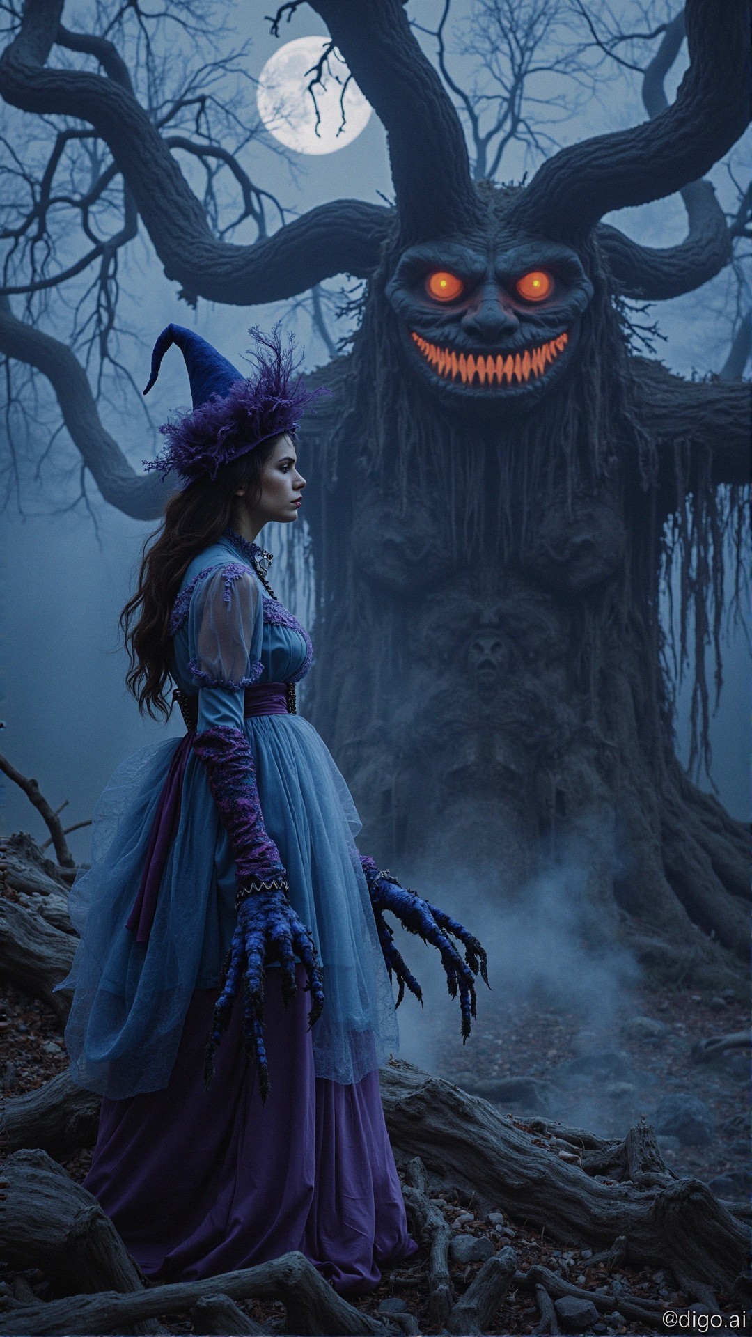 Witch in Moonlit Forest with Mystical Tree Background