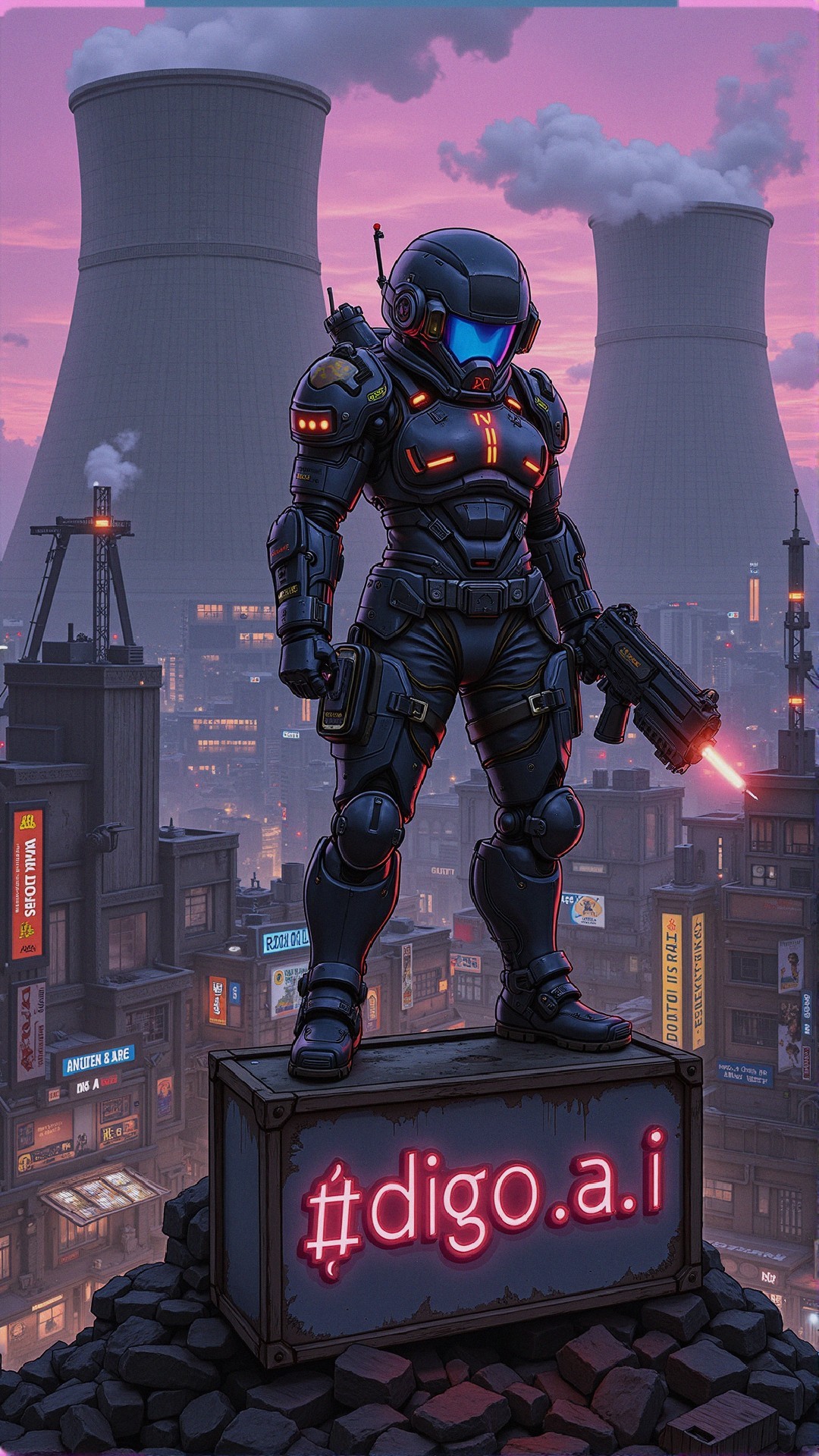 Futuristic Cyberpunk Cityscape with Armored Figure