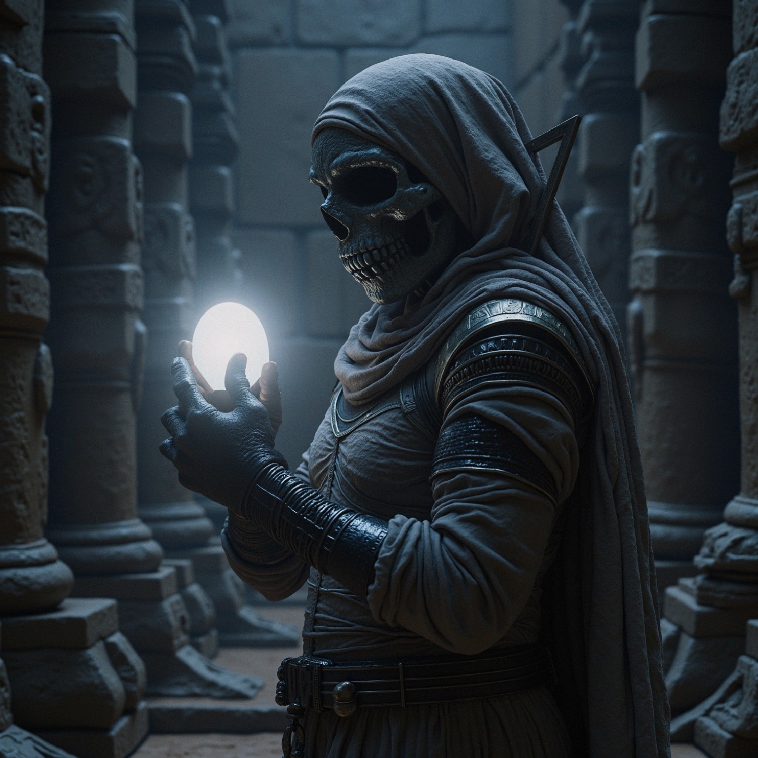 Mysterious Figure with Hooded Cloak and Glowing Egg