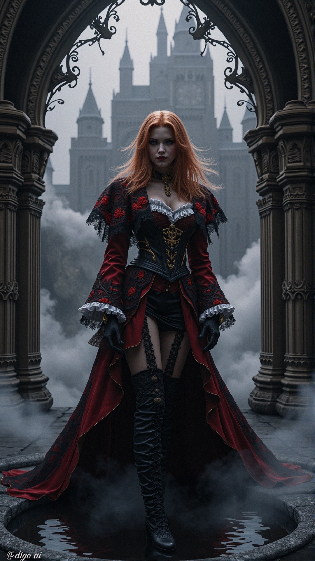 Mysterious Figure in Gothic Archway with Castle Background