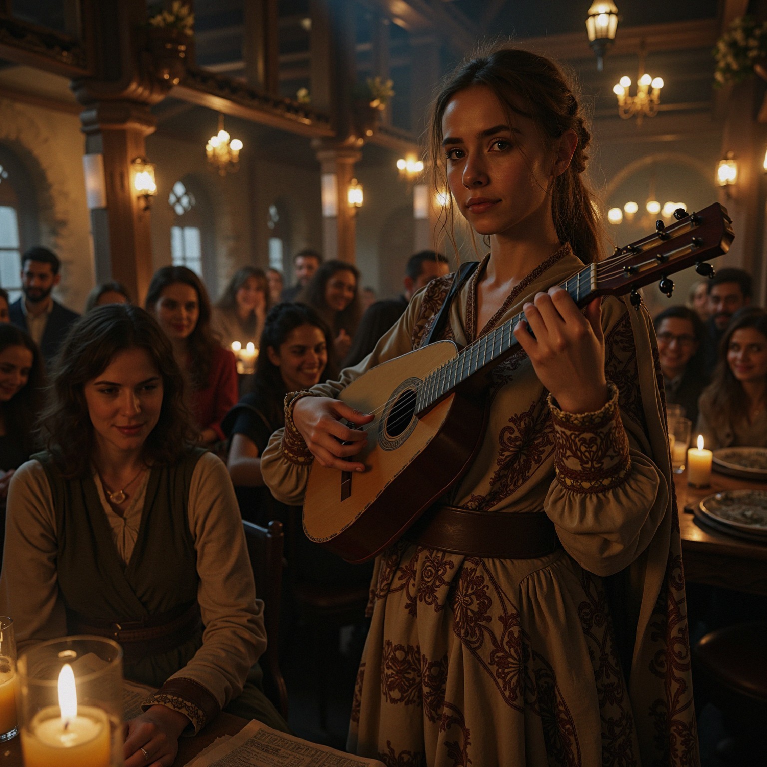 Young Woman Playing Ukulele in Candlelit Tavern
