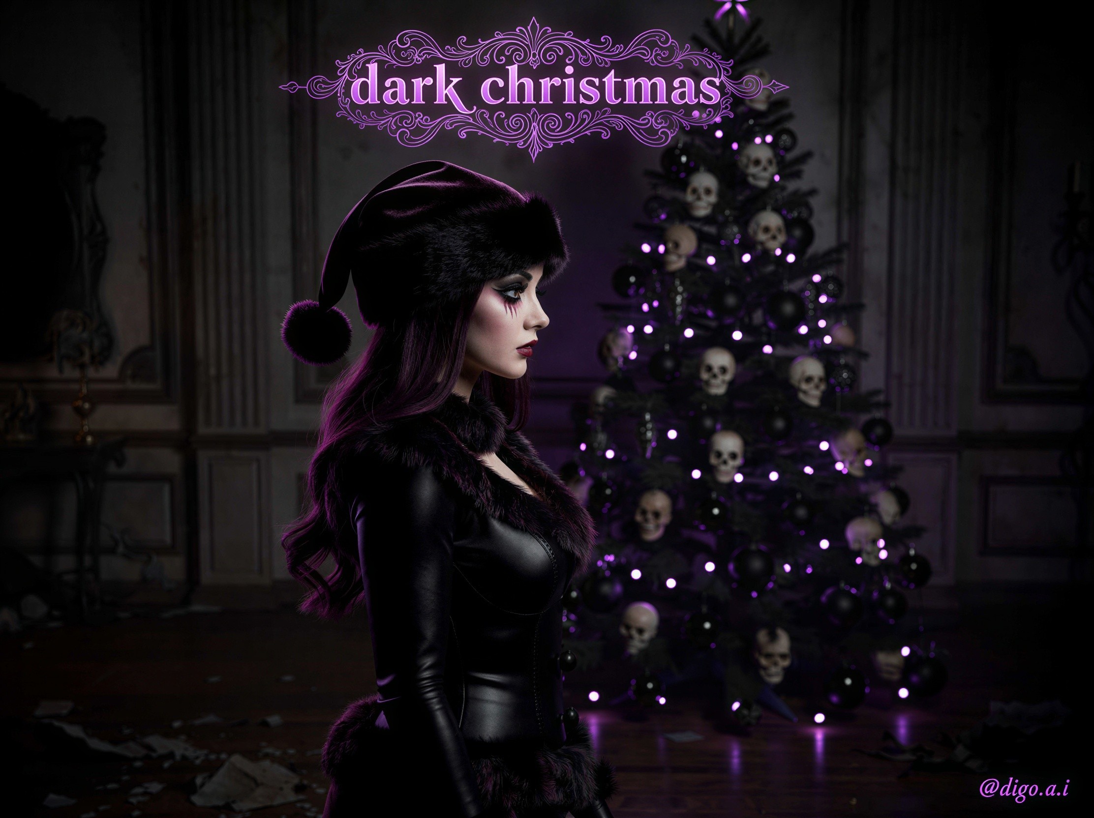 Goth Woman in Dark Living Room with Christmas Tree