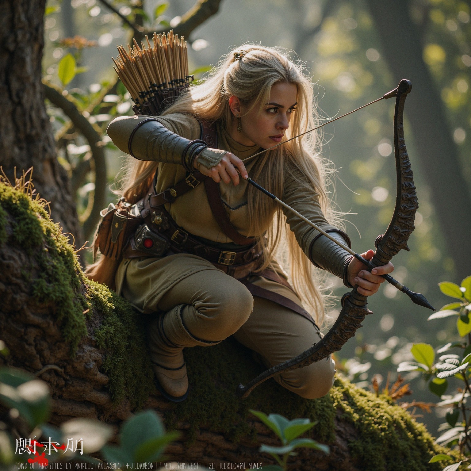 Archer Aiming from a Tree Branch in Woodland Setting