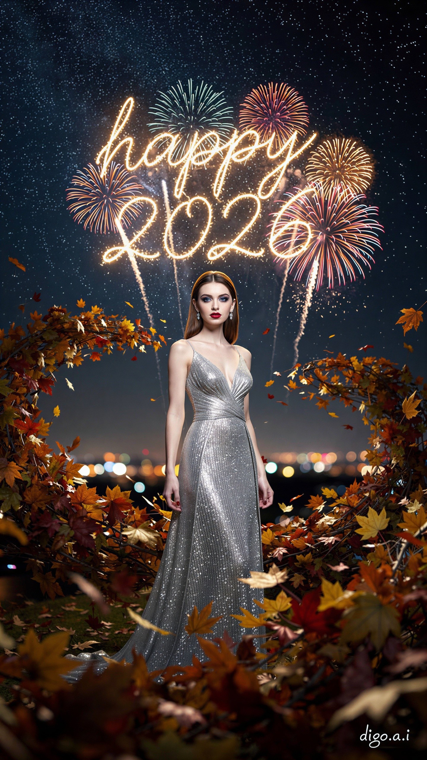 Woman in Silver Gown Under Starry Sky with Fireworks