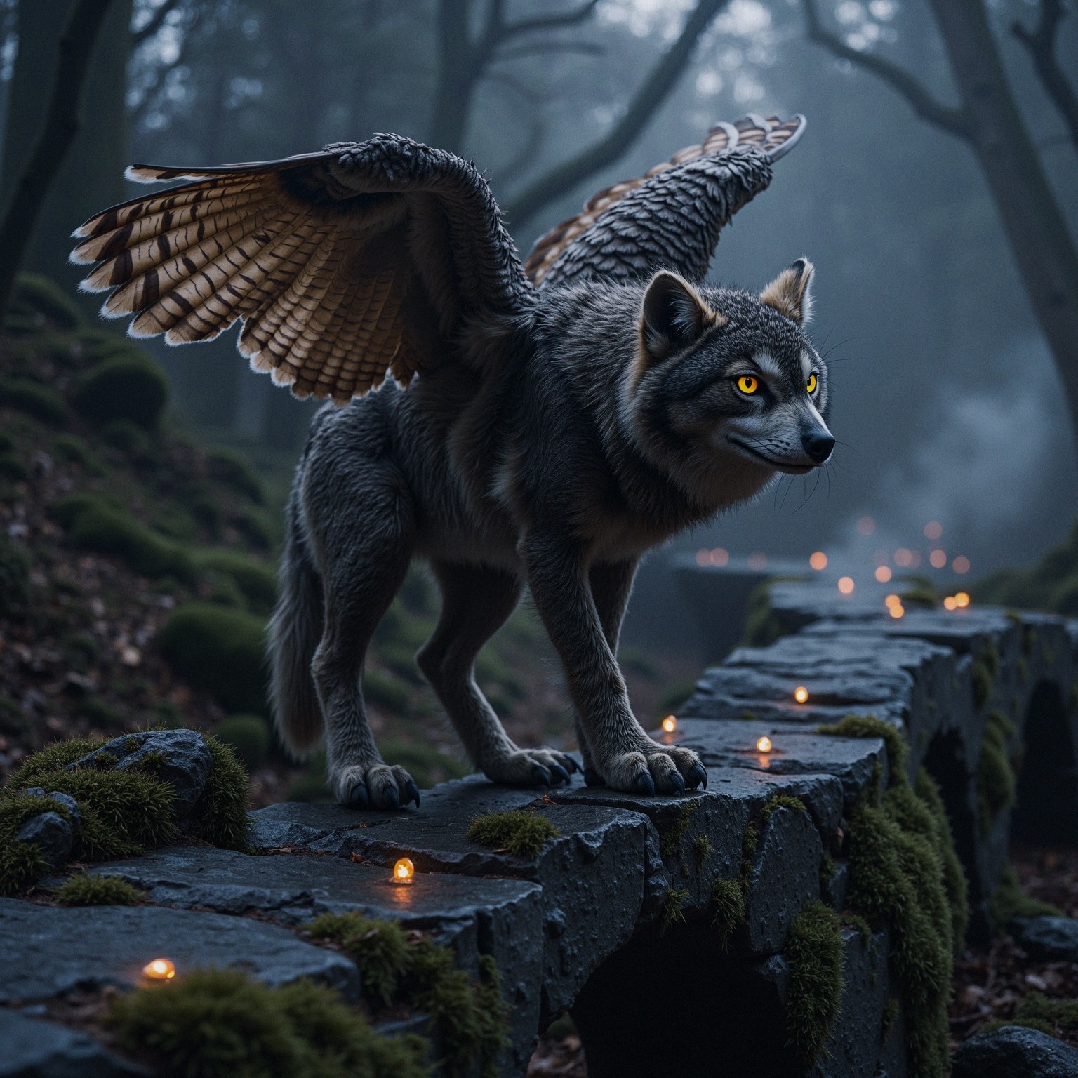 Mystical creature in foggy forest with wings and glow