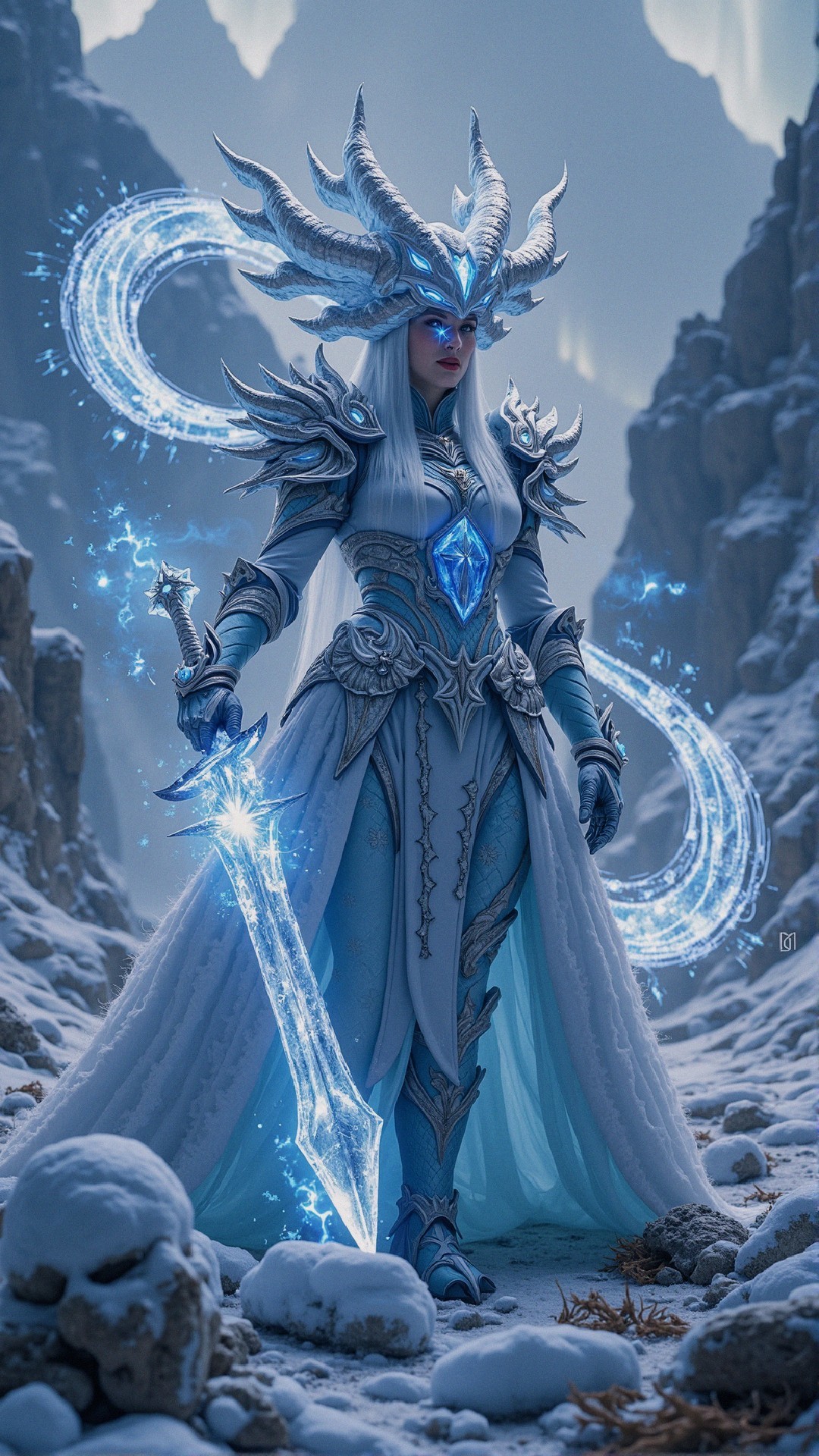 Majestic warrior in icy armor in snowy landscape
