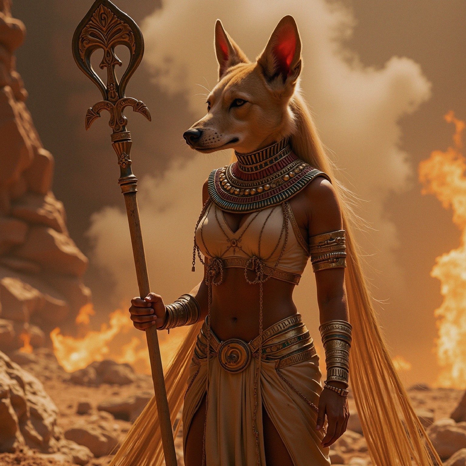 Majestic figure in fiery landscape with dog deity features
