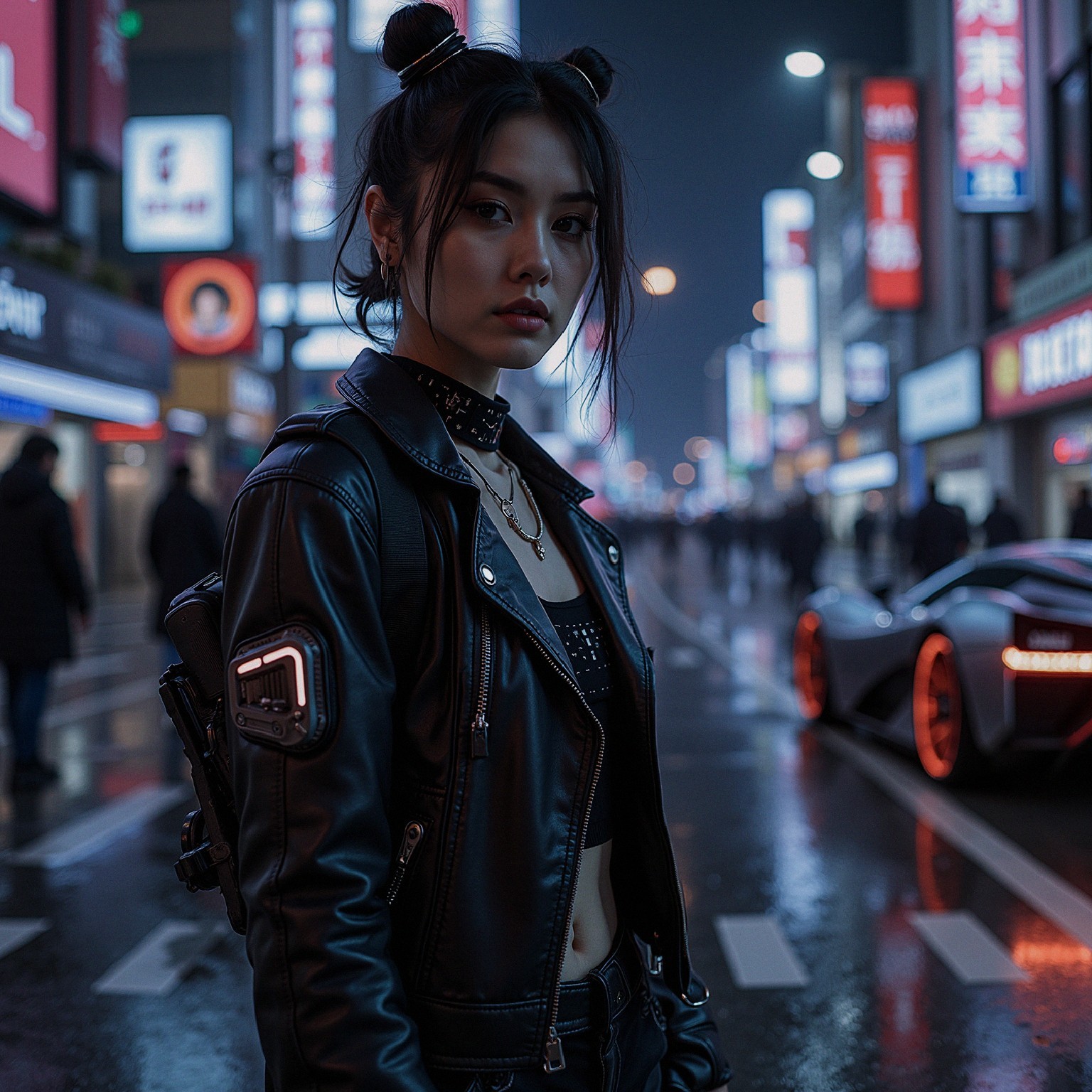 Young woman in urban fashion on neon-lit street