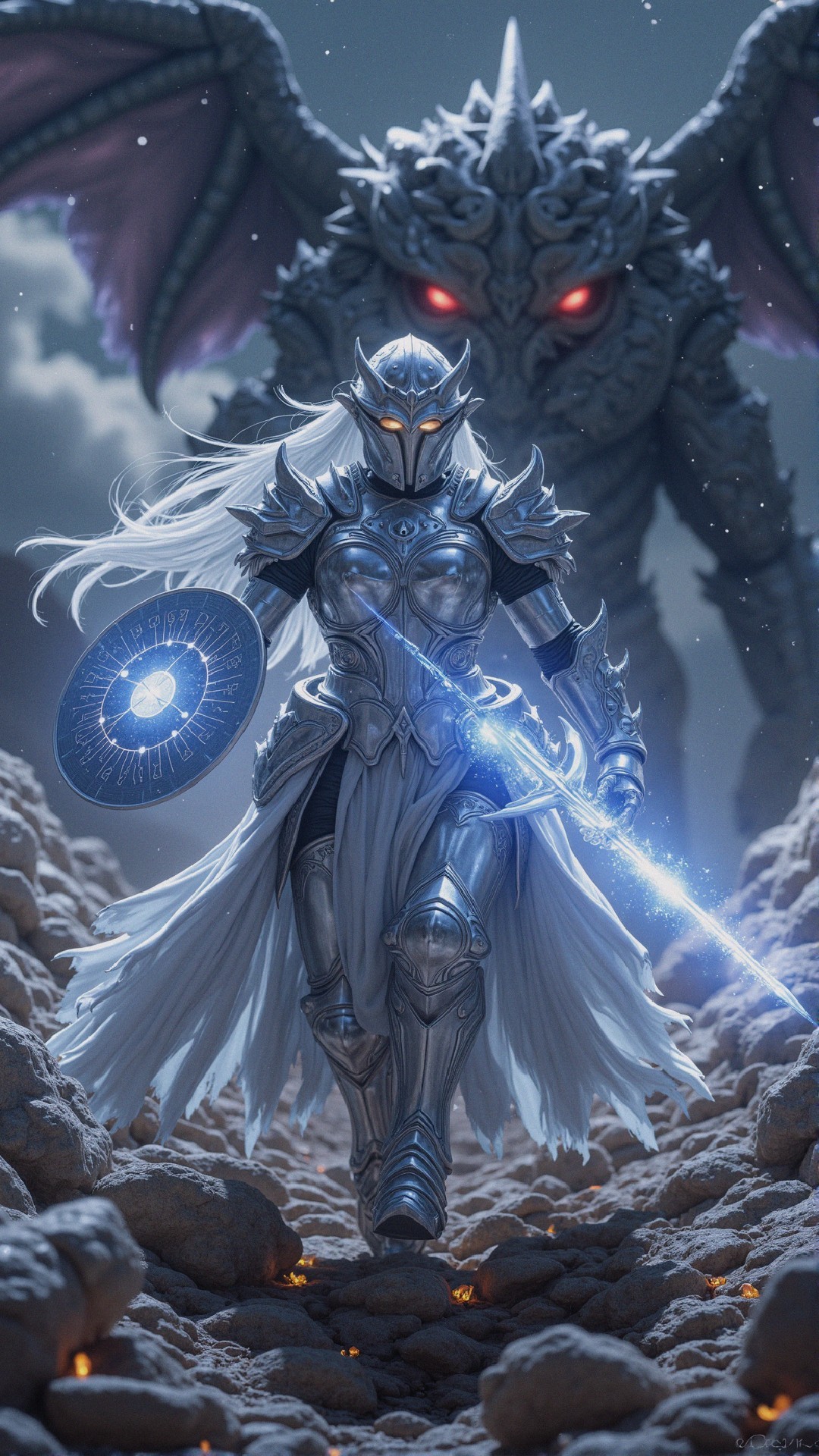 Knight in Silver Armor Confronts Dragon in Dark Clouds