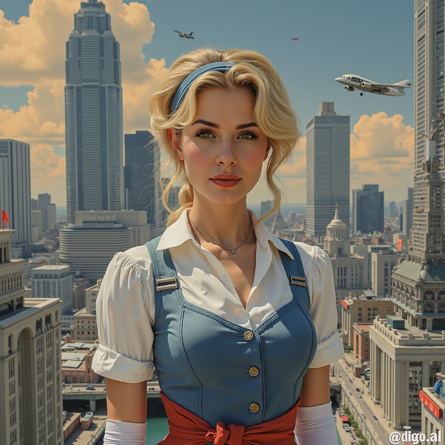 Young Woman in Stylish Outfit Against Cityscape Background