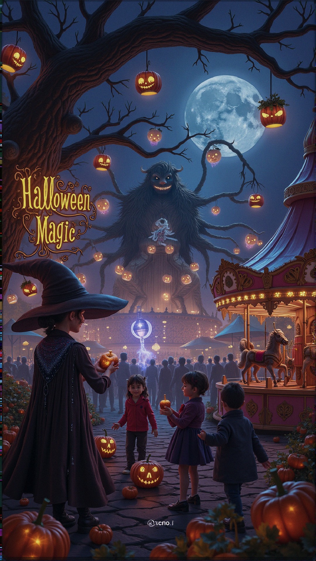 Whimsical Halloween Scene with Carnival and Creatures