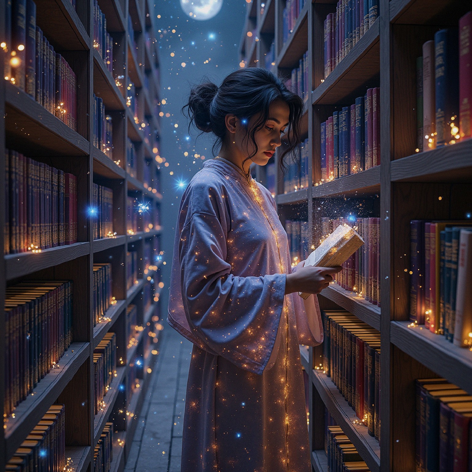 Magical Library with Illuminated Books and Dreamlike Atmosphere