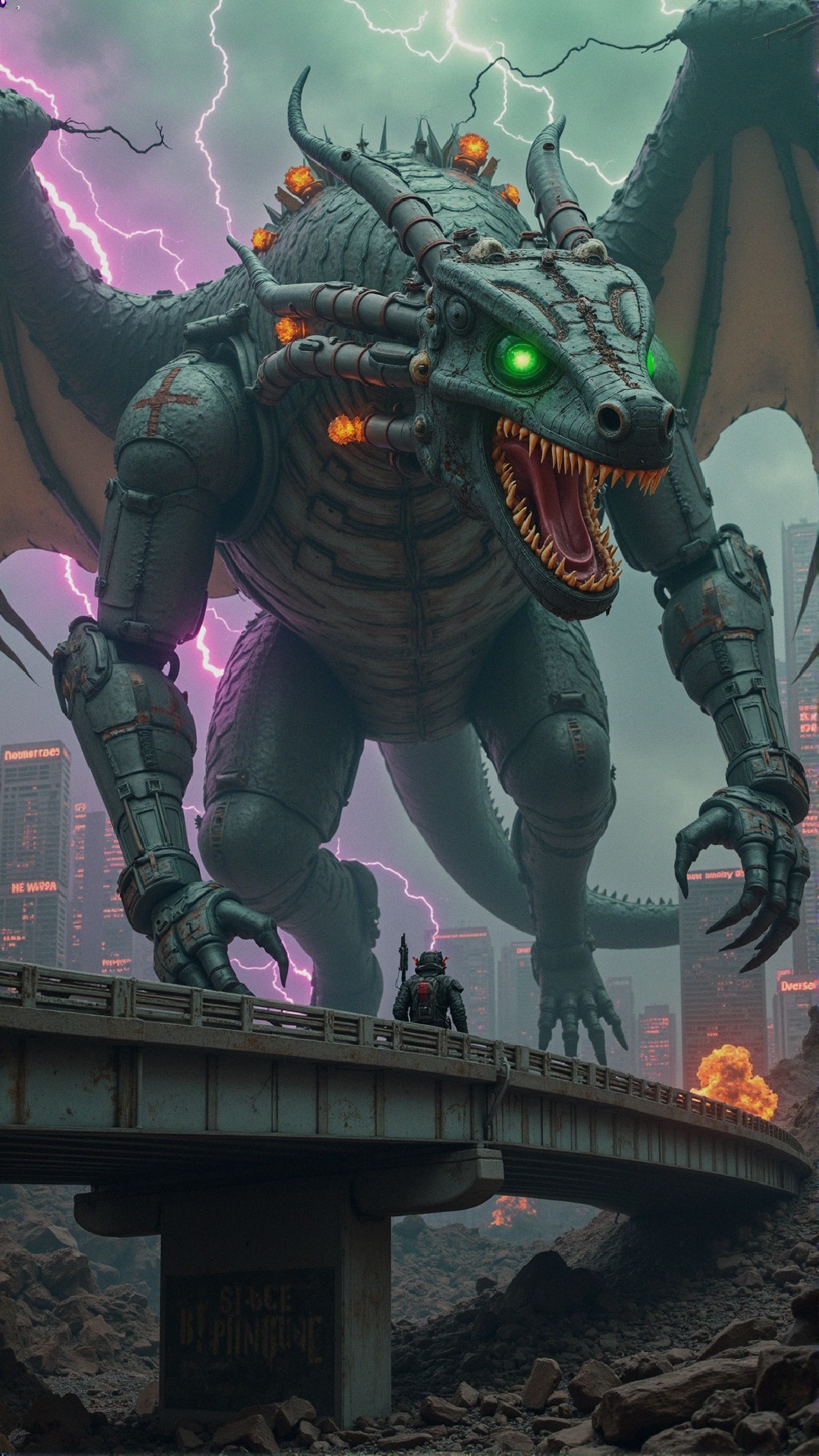 Robotic Dragon Overlooks Dystopian City Bridge Scene