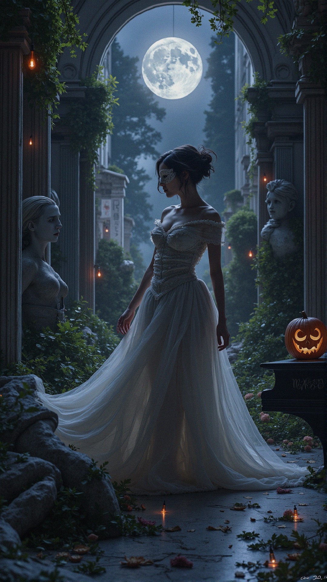 Mystical Garden Scene with Woman and Serene Statue