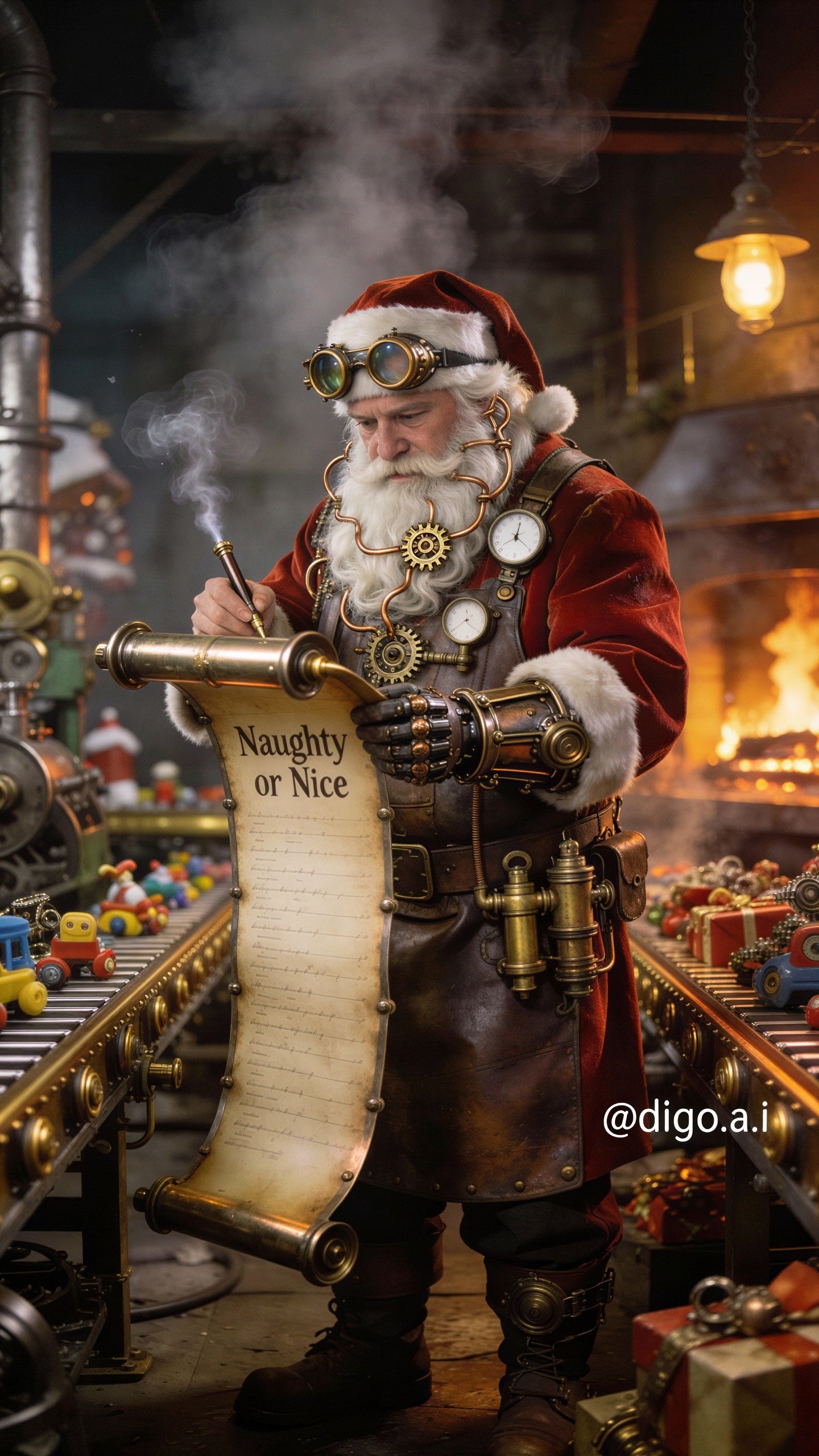Steampunk Santa Claus with Scroll and Intricate Adornments