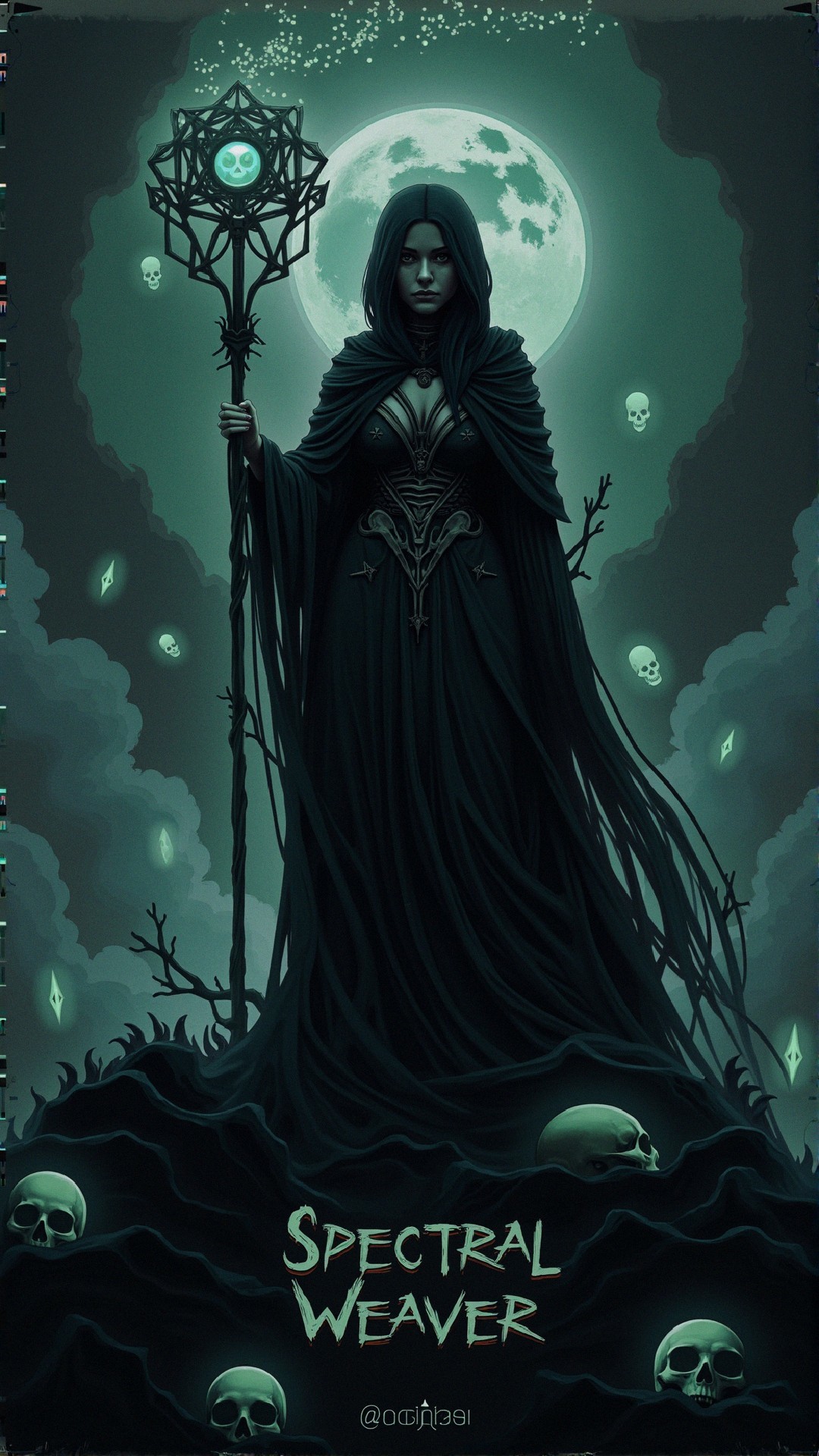 Mysterious figure in dark robe with glowing orb and skulls