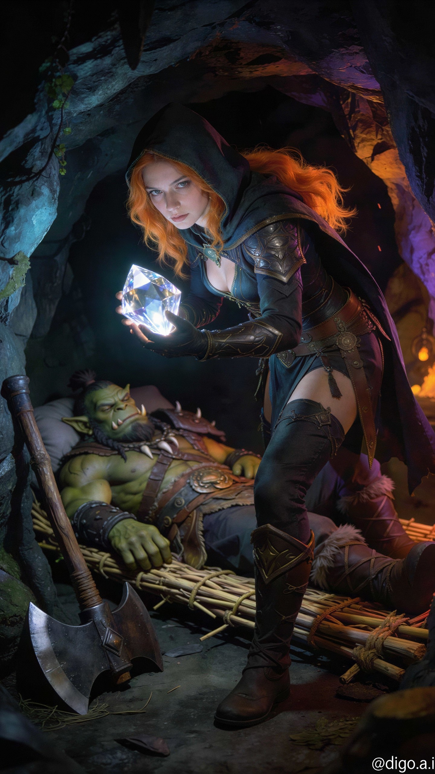 High-Fantasy Scene with Rogue and Sleeping Ogre