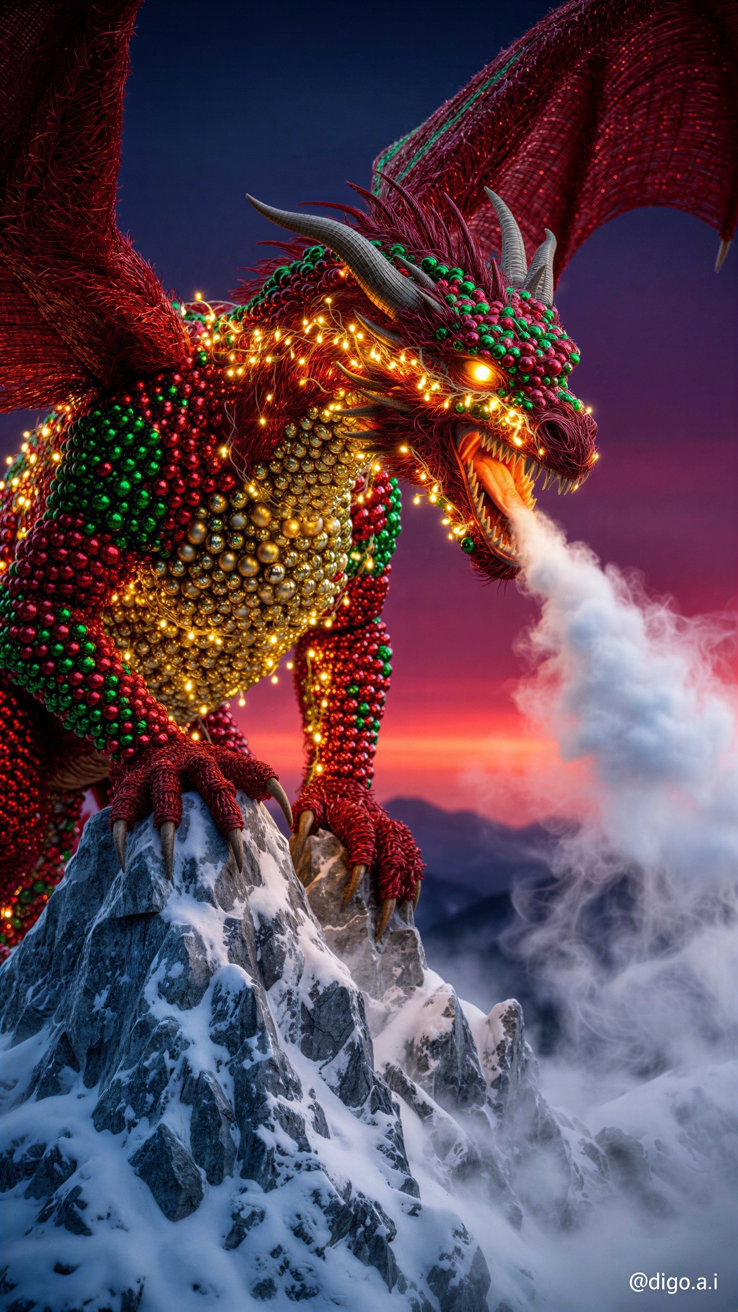 Detailed Christmas Ornament Dragon on Snowy Mountain