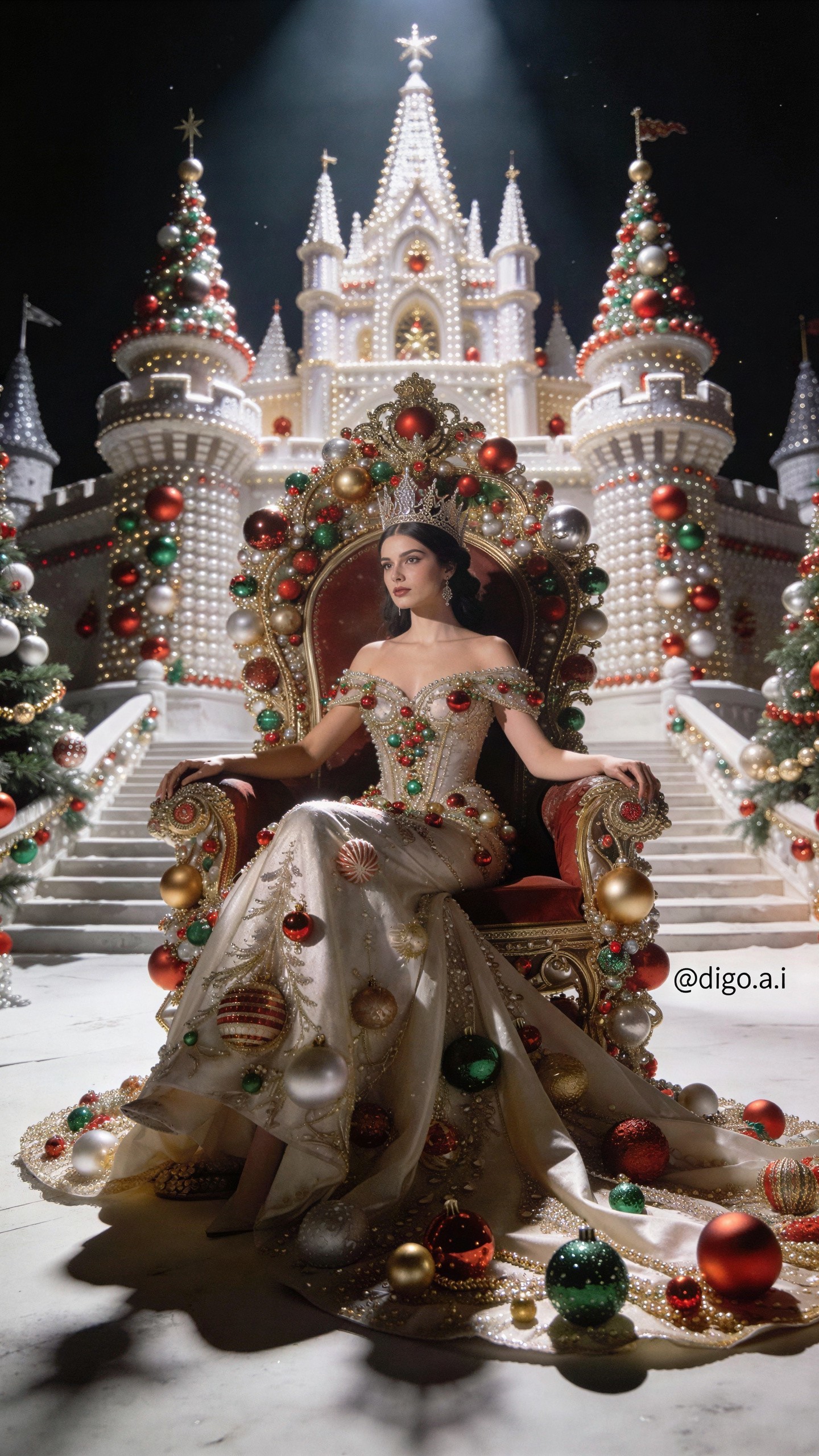Elegant Woman in Christmas-Themed Gown on Throne