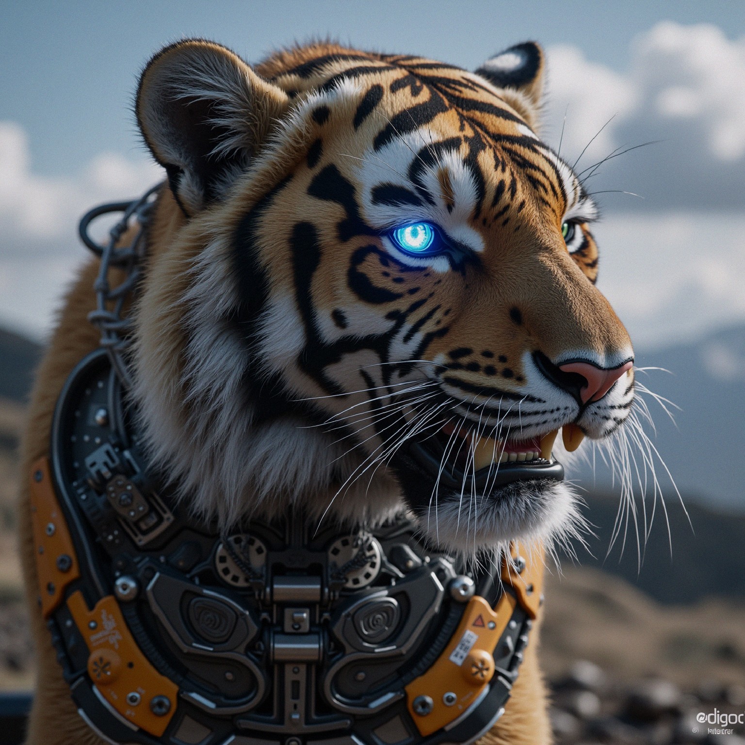 Futuristic Cybernetic Tiger in Rugged Landscape