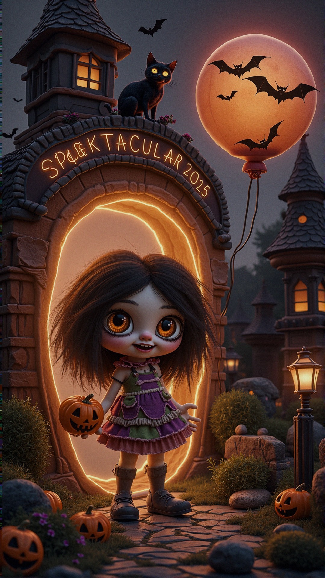 Whimsical Halloween Scene with Doll and Decorations