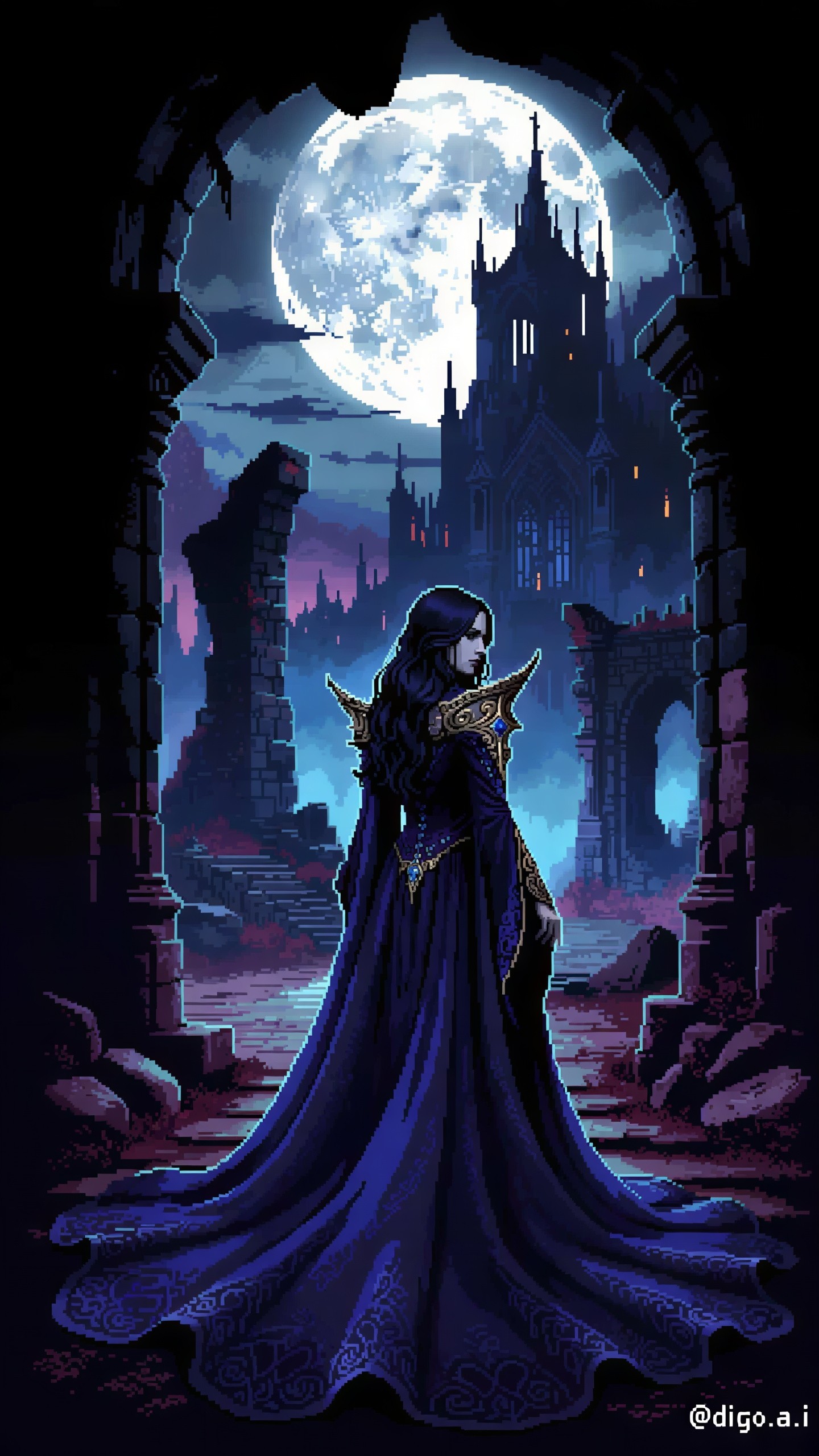 Pixel Art of Woman in Gothic Scene with Full Moon