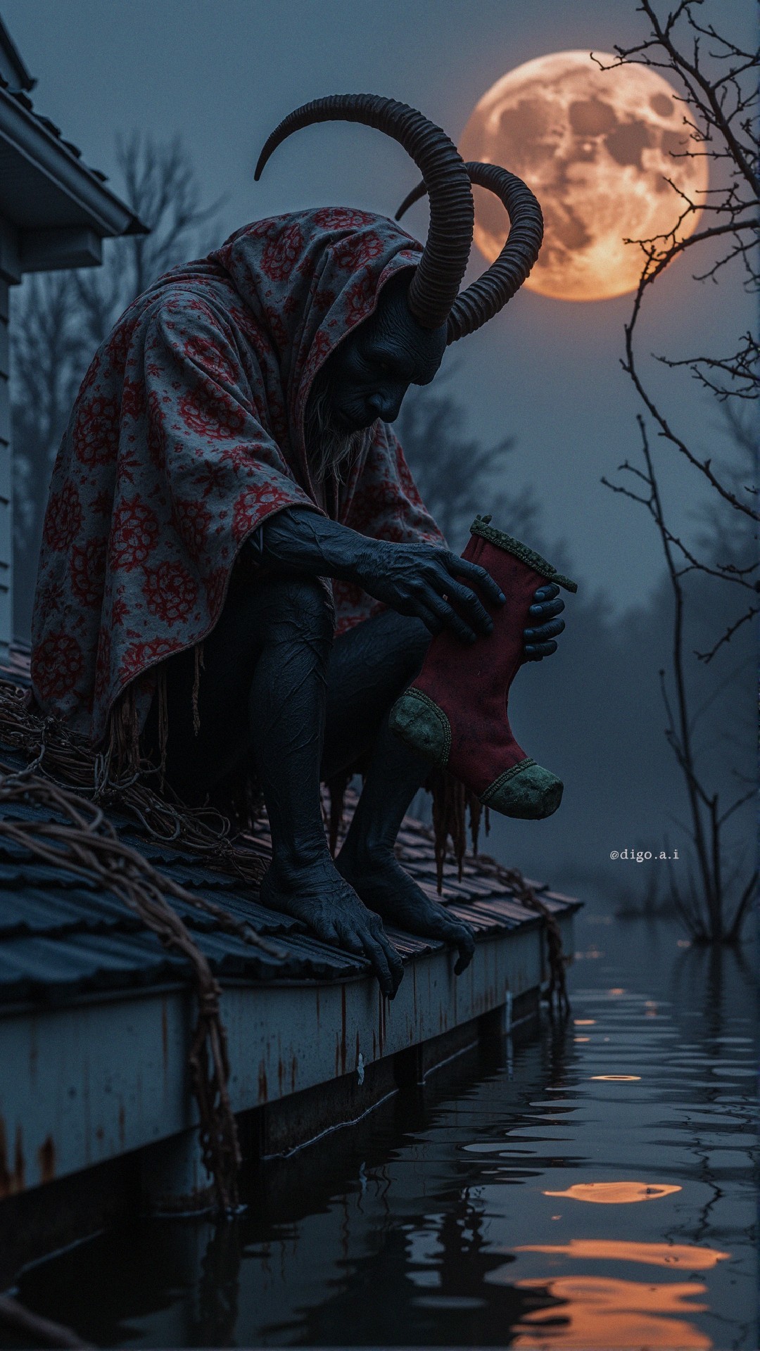 Mysterious Horned Figure on Flooded Roof at Night