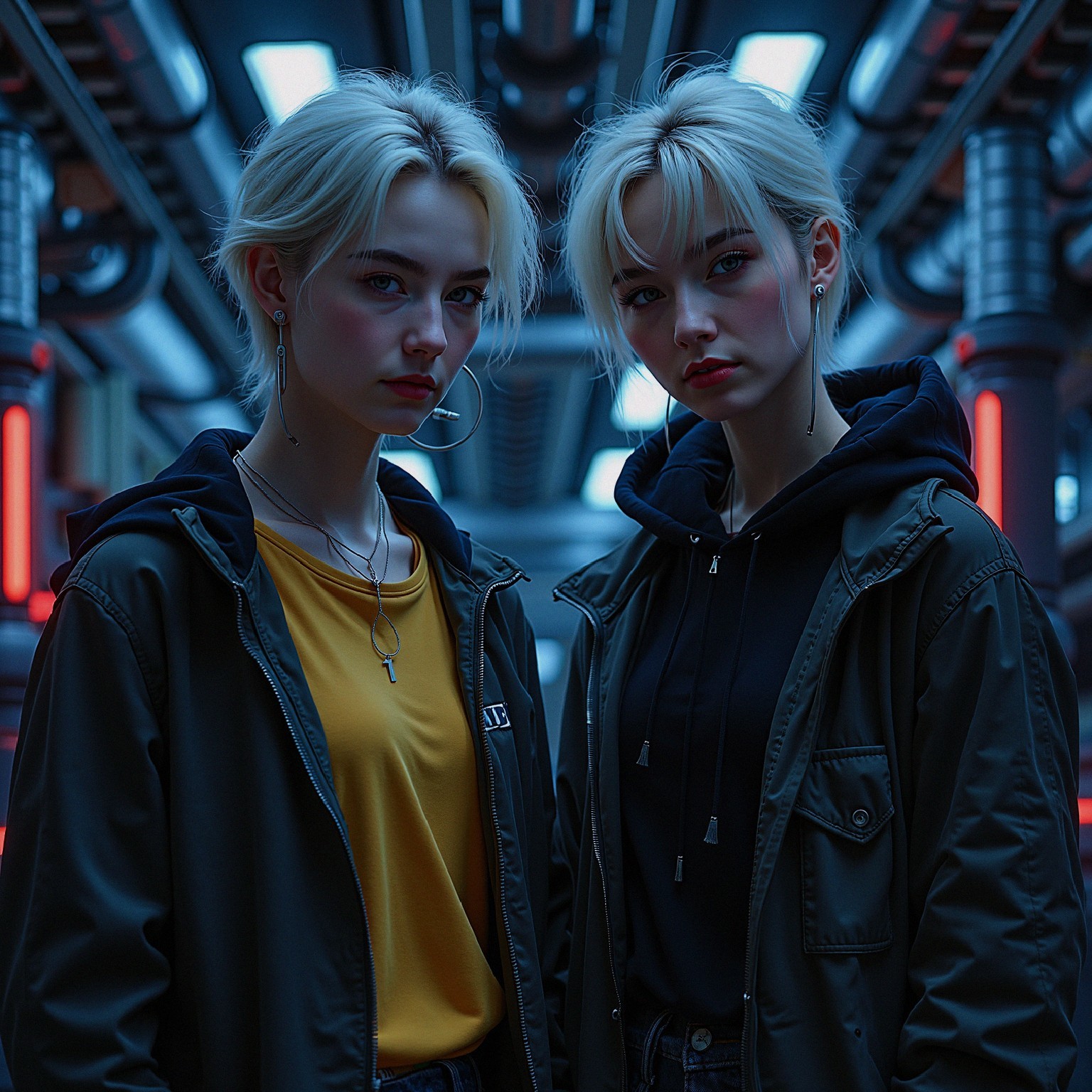 Futuristic Scene with Young Women in Casual Outfits