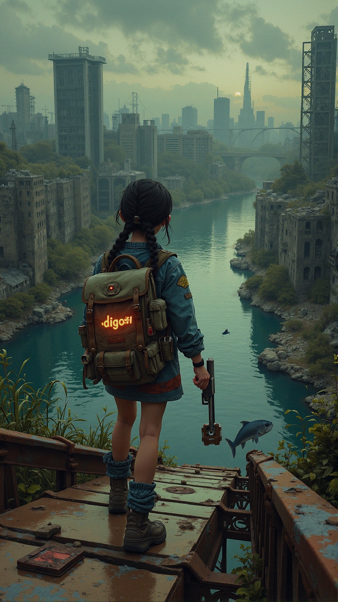 Young girl in post-apocalyptic landscape by river