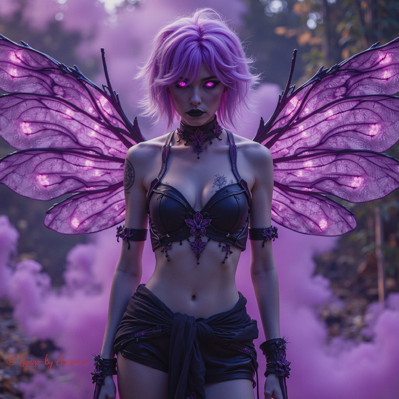 Ethereal figure in mystical forest with butterfly wings