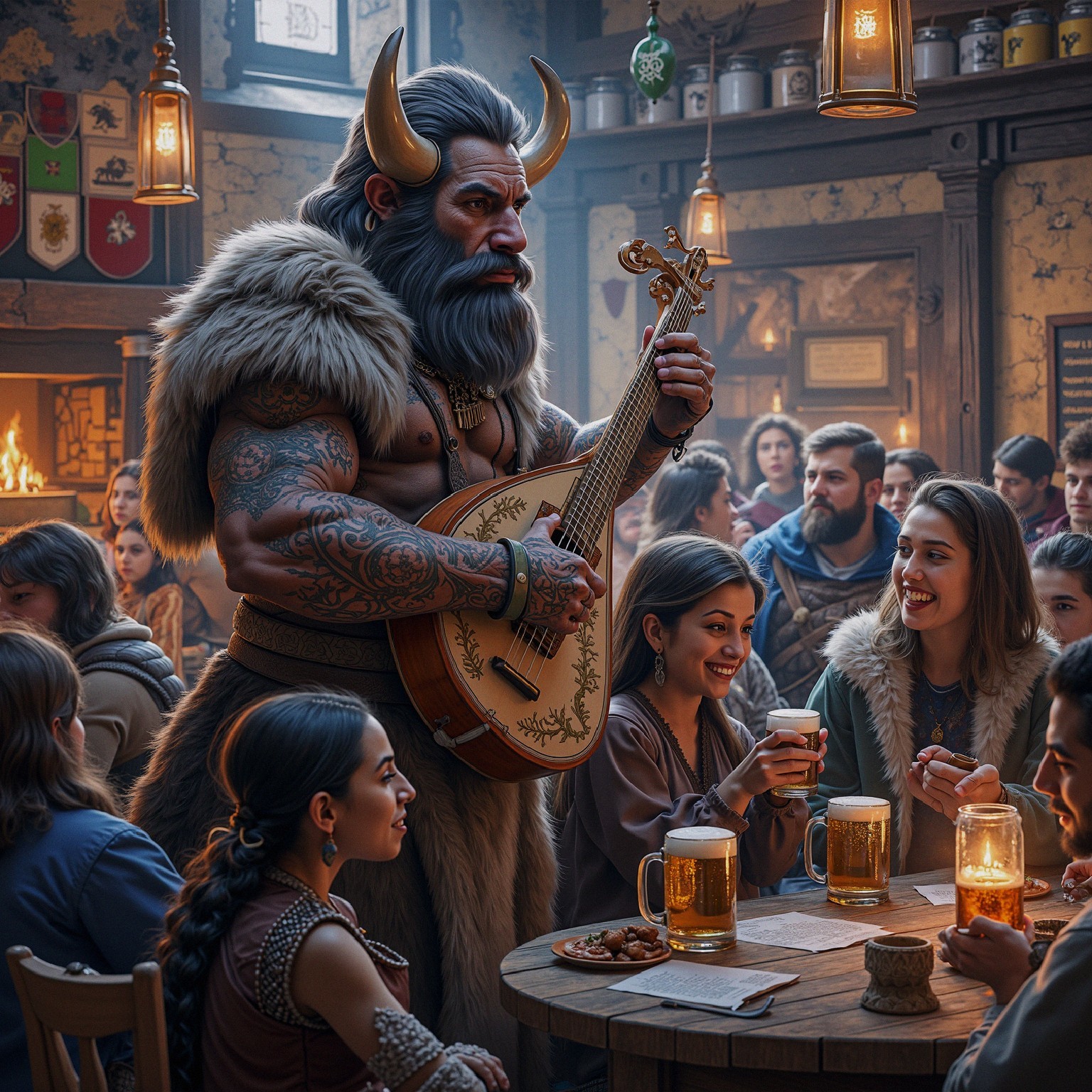 Muscular Musician with Horns Plays Lute in Tavern