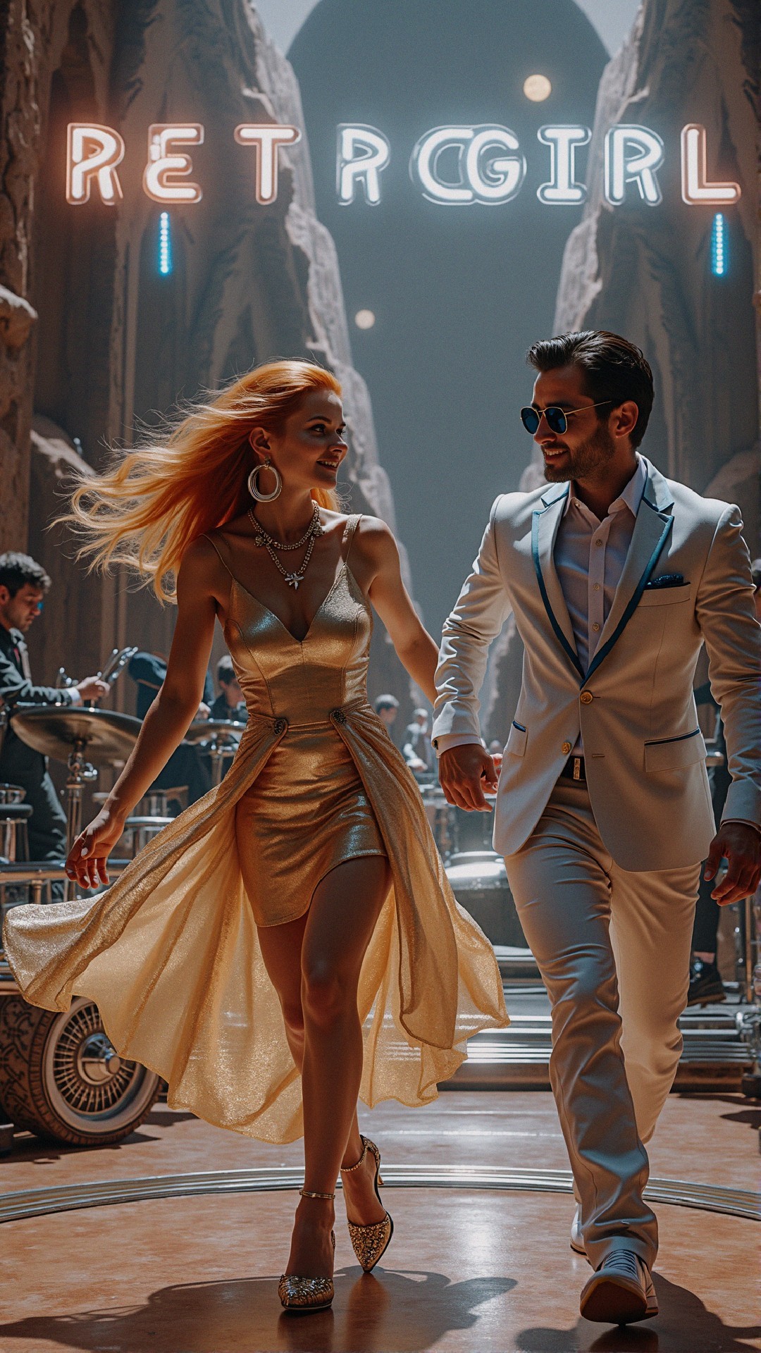 Glamorous Couple in Neon Retro-Themed Setting