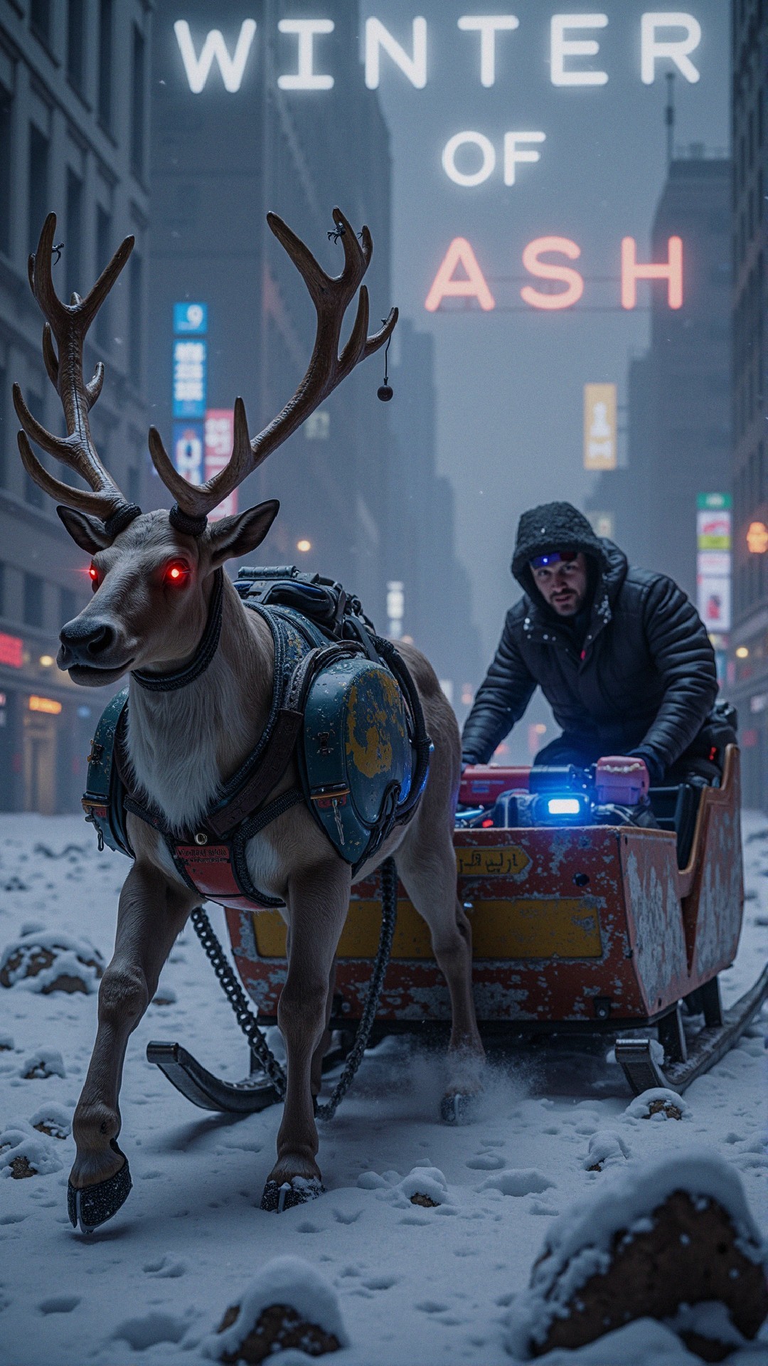 Reindeer-Pulled Sleigh in Wintry Urban Landscape