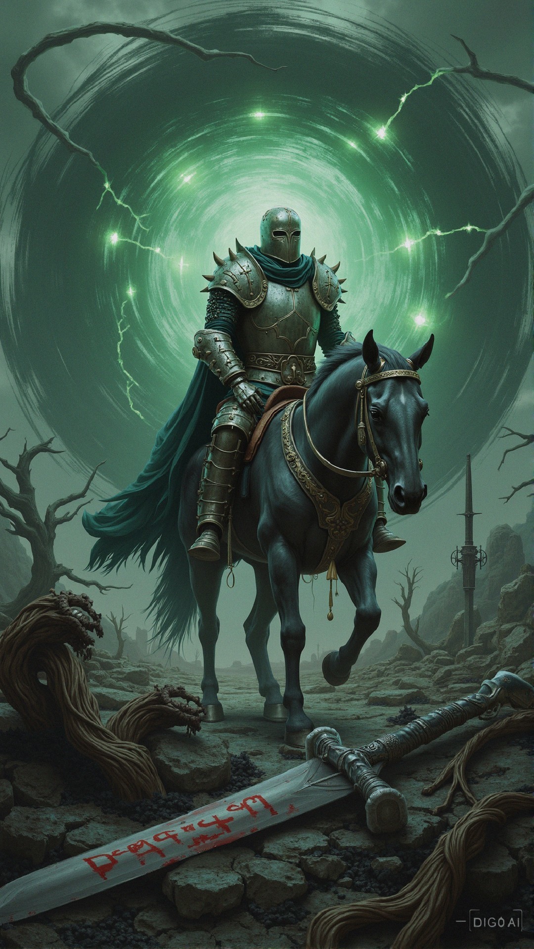 Knight in Armor on Horse by Eerie Green Portal