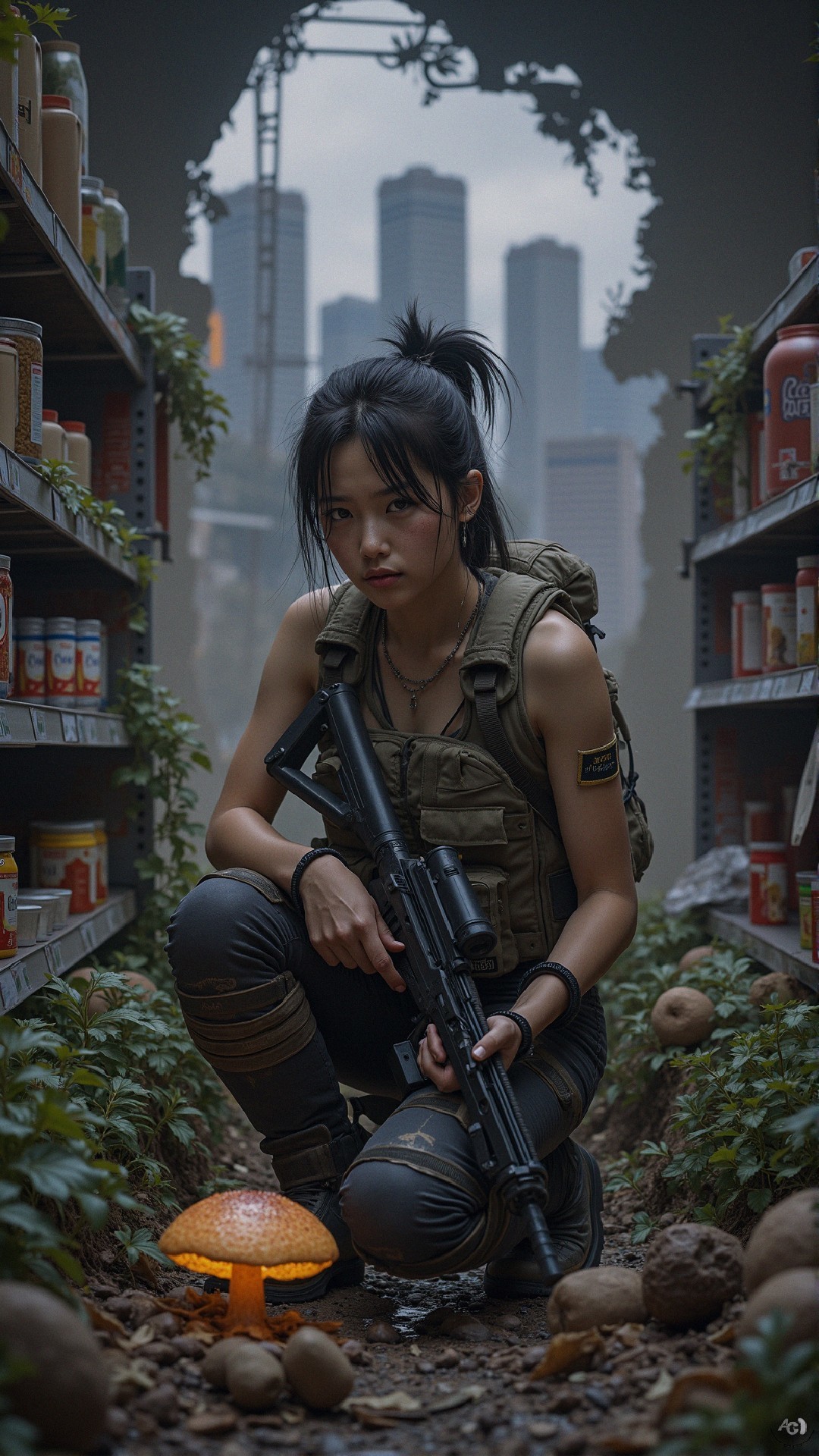 Young Woman in Tactical Gear in Overgrown Grocery Aisle