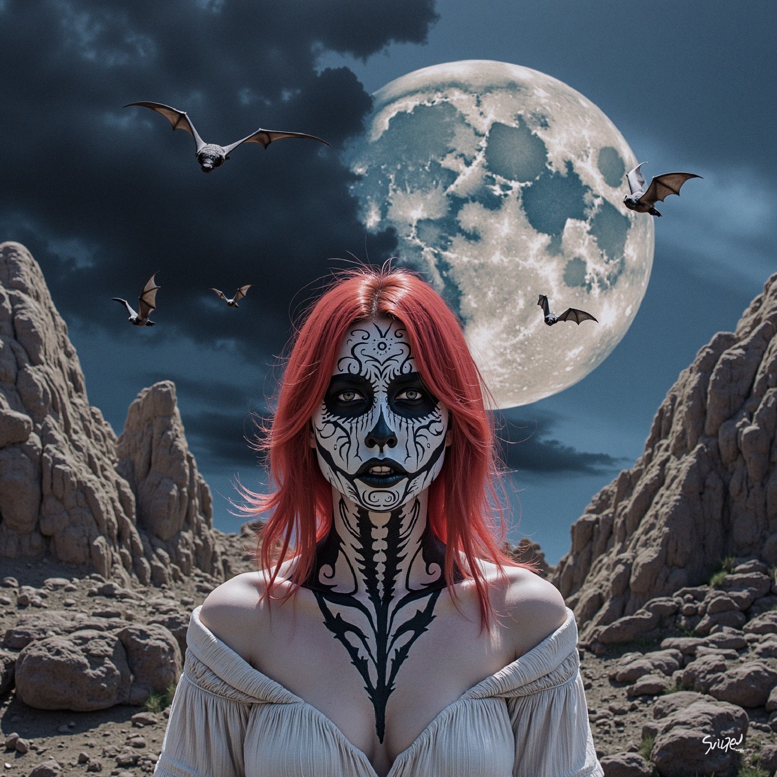 Figure with face paint under full moon and bats