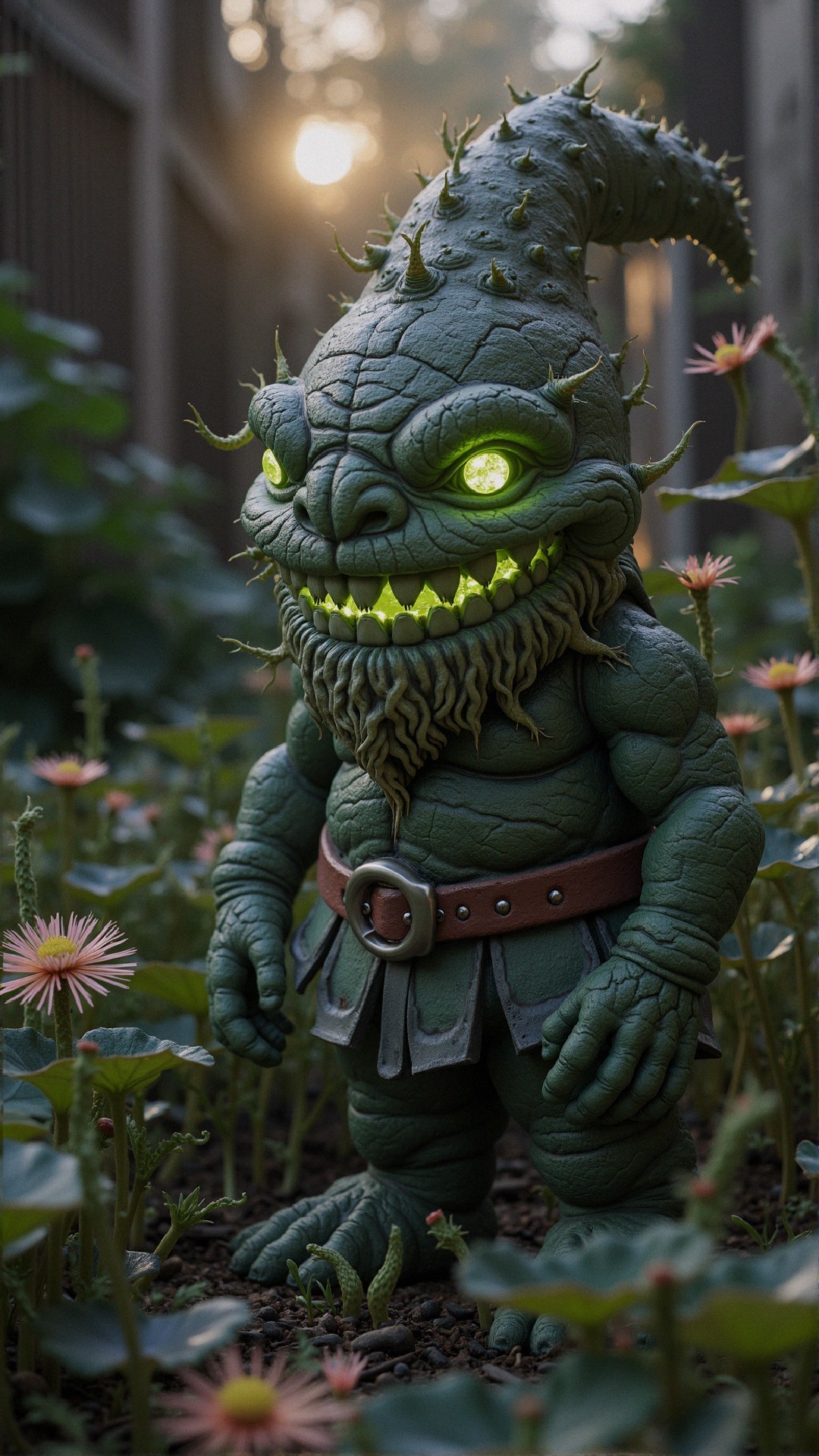 Whimsical Green Creature in Sunlit Garden Setting