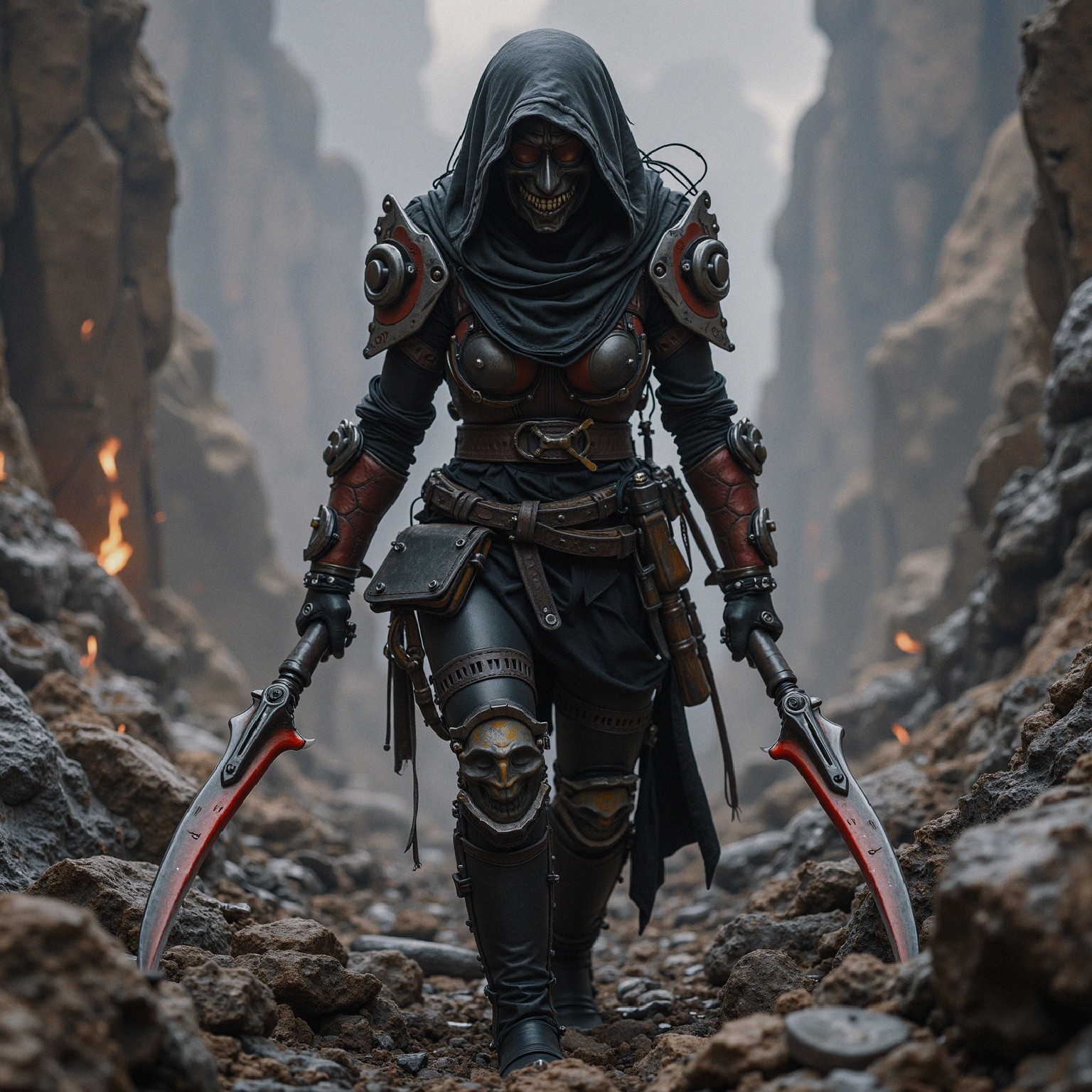 Warrior in Dark Armor with Curved Blades Amid Cliffs