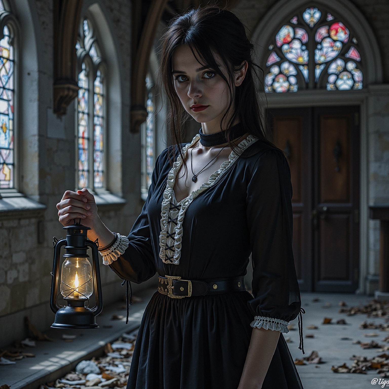Young woman with lantern in ornate gothic setting