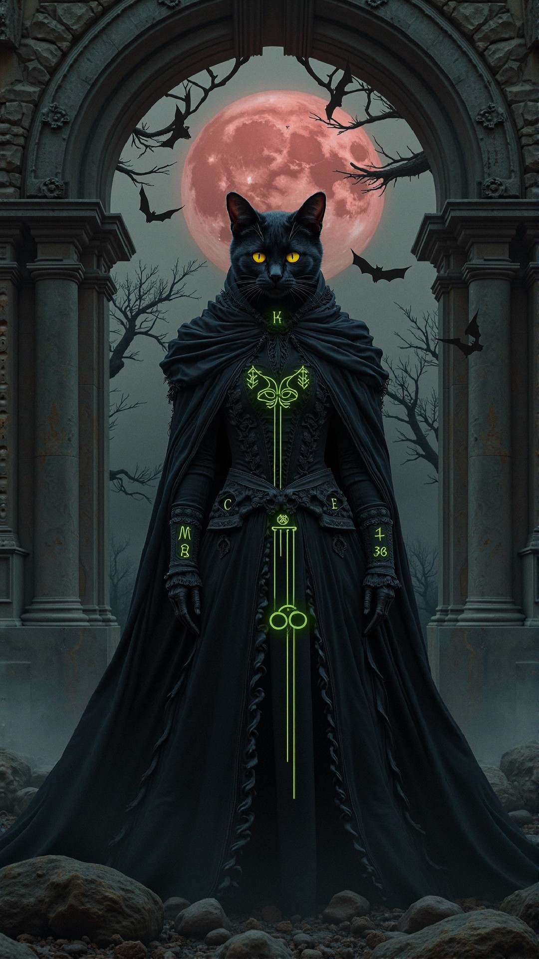Mysterious feline figure in a dark gothic setting