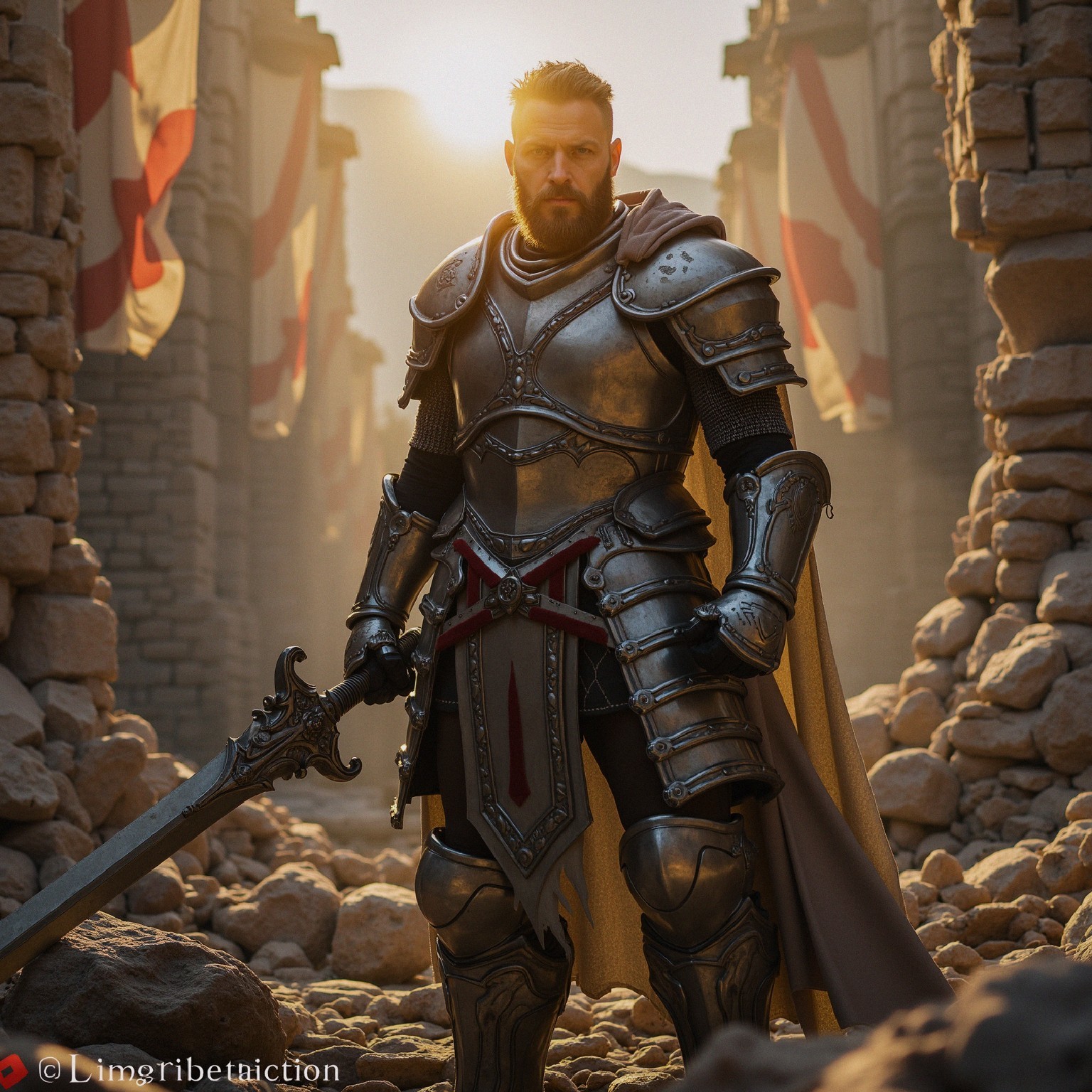 Fierce warrior in silver armor in ancient stone passage