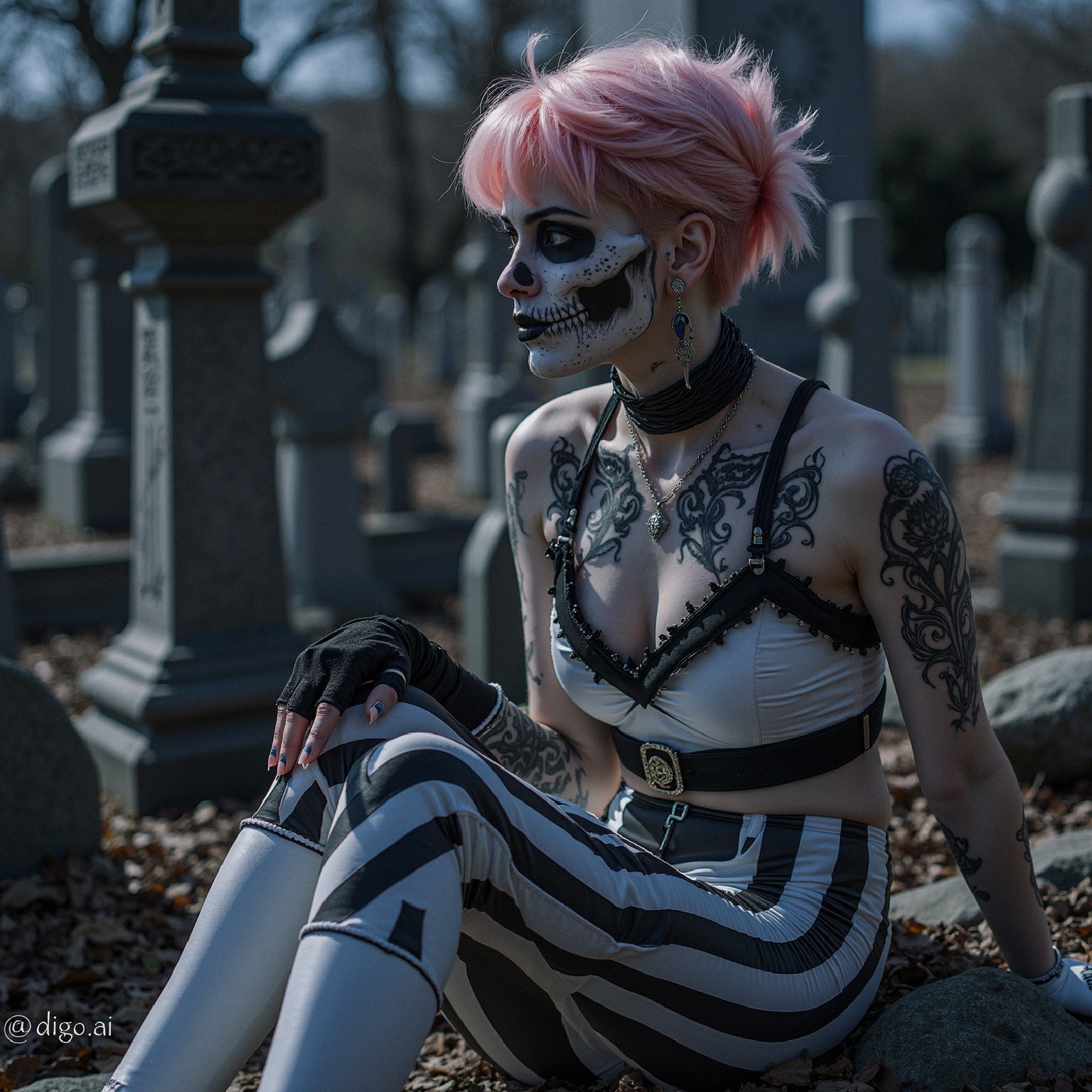 Person with Pink Hair in Gothic Graveyard Setting